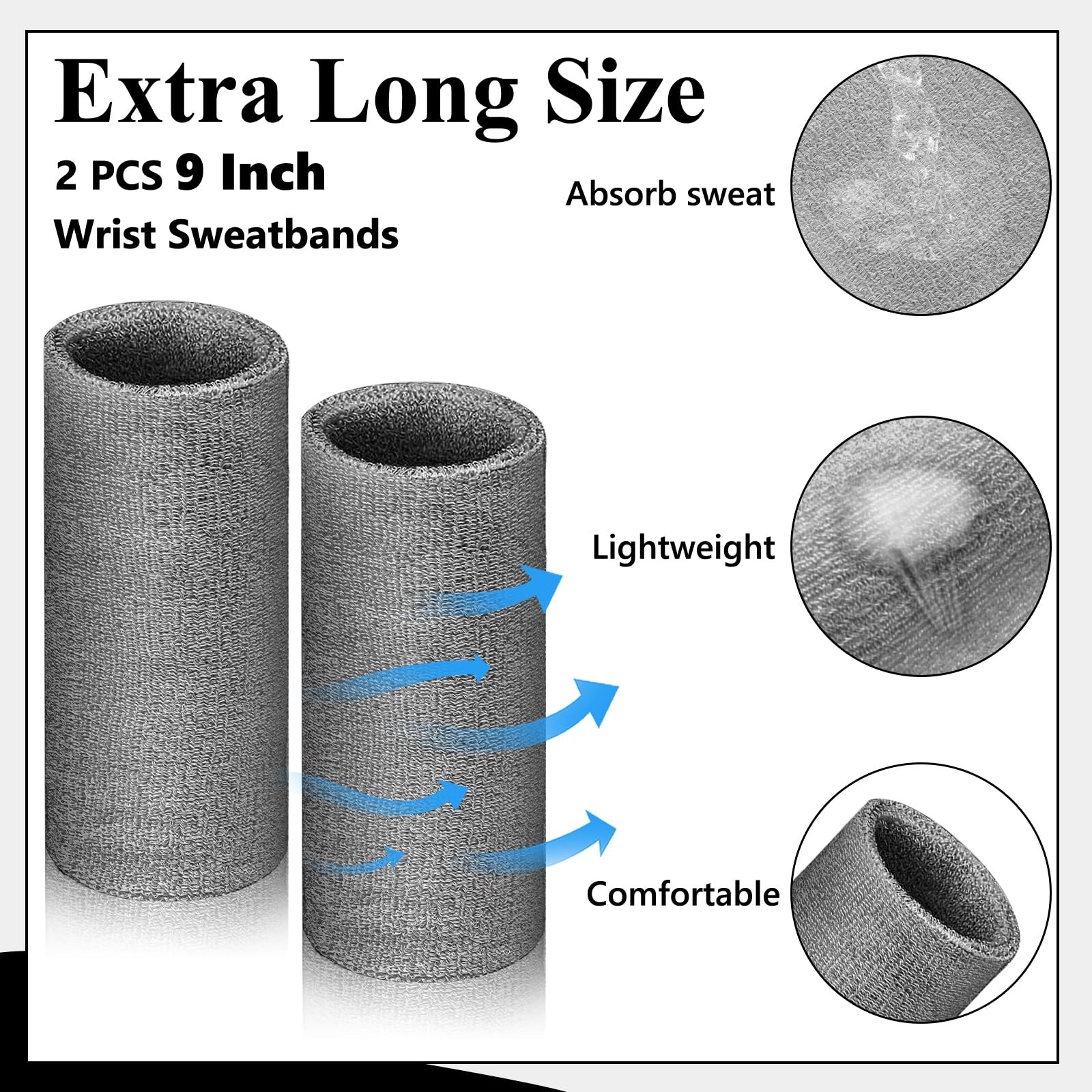 2 PCS 9-Inch Black Long Wristbands Sweatbands for Football Workout Tennis