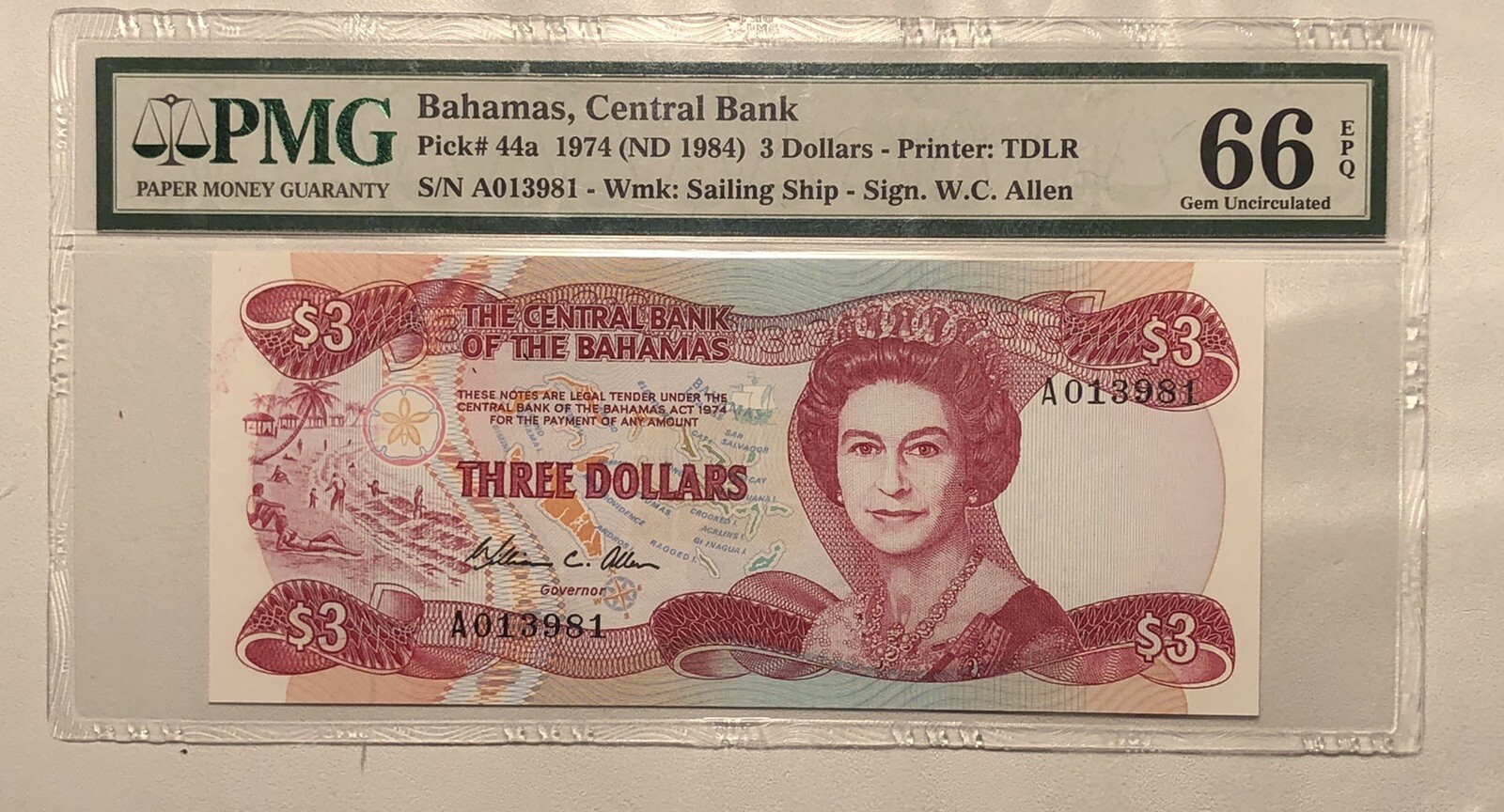 Bahamas 1984 P-44a Three Dollars - PMG 66 EPQ.  Superb Gem UNC - Super Pickup!