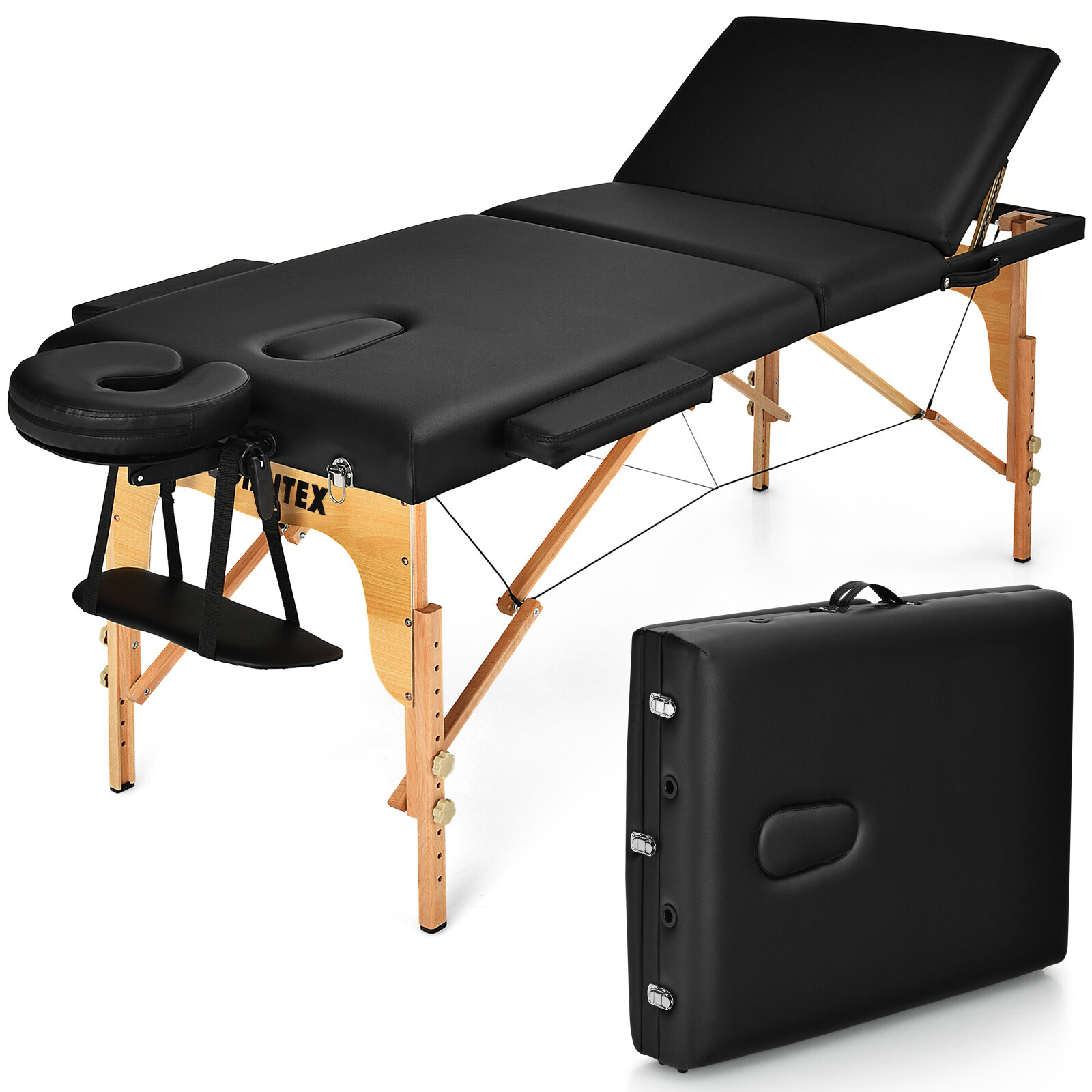 Costway Portable Massage Table 3 Fold 84"L Adjustable Spa Bed w/Carry Case Black