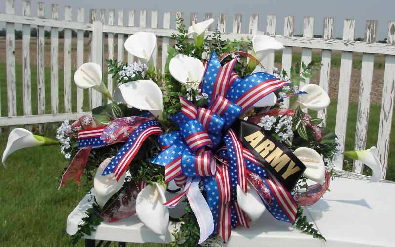 Calla Lily ARMY Ribbon Grave Pillow 24"x15" Memorial Purple Heart w Gold Accents