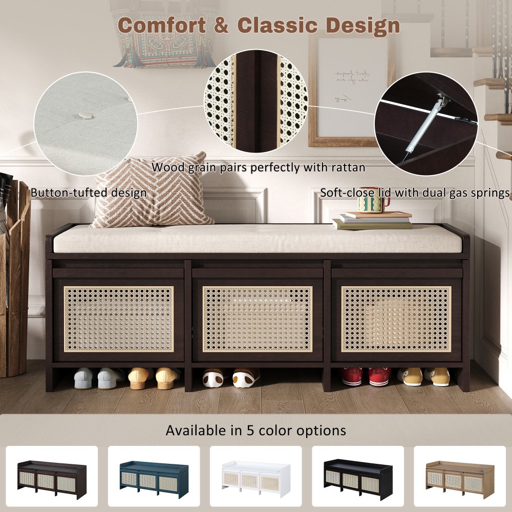 Entryway Shoe Bench, Retro Storage Bench with Rattan Drawers & Removable Button