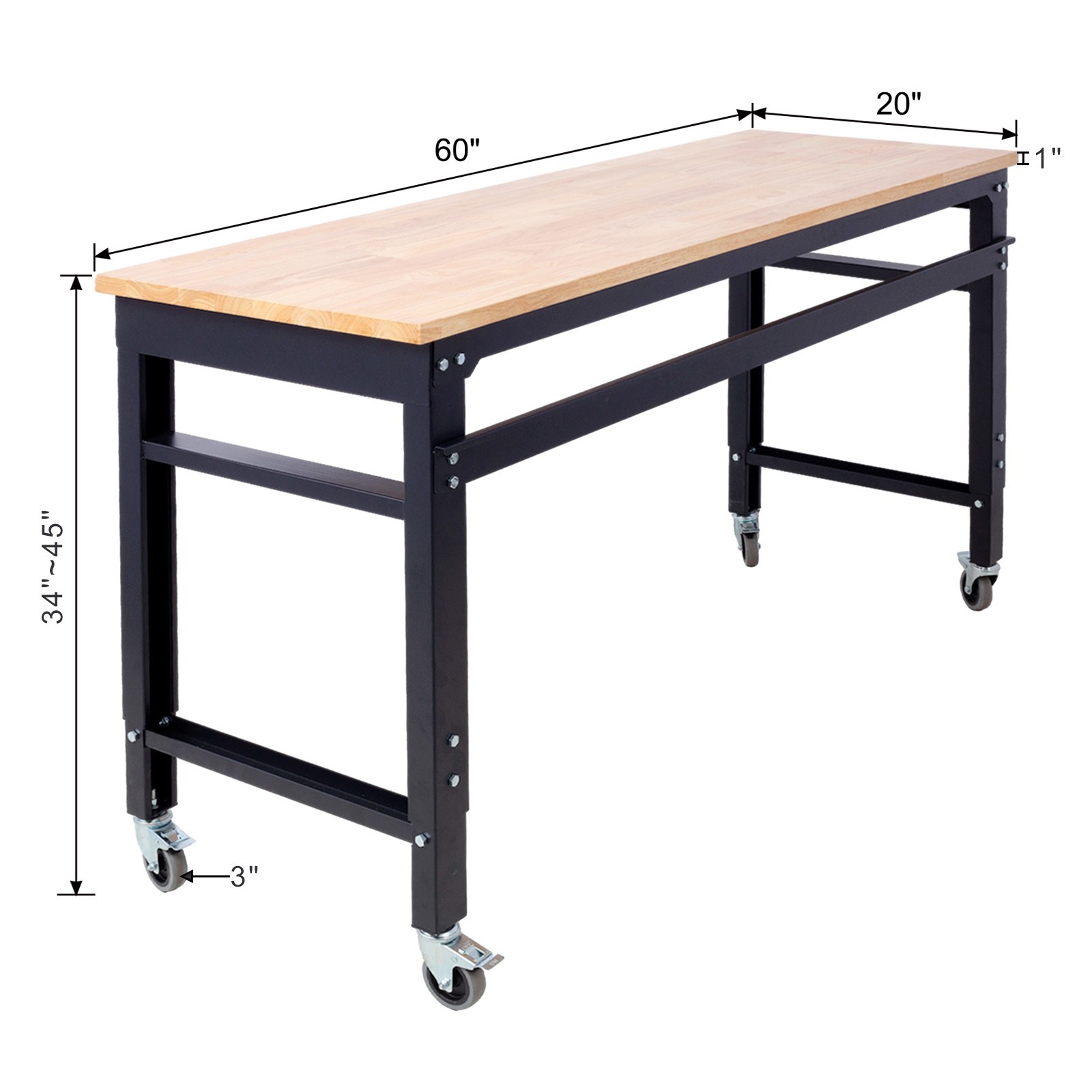 Adjustable Height 60" Rolling Workbench Metal Rubberwood Top