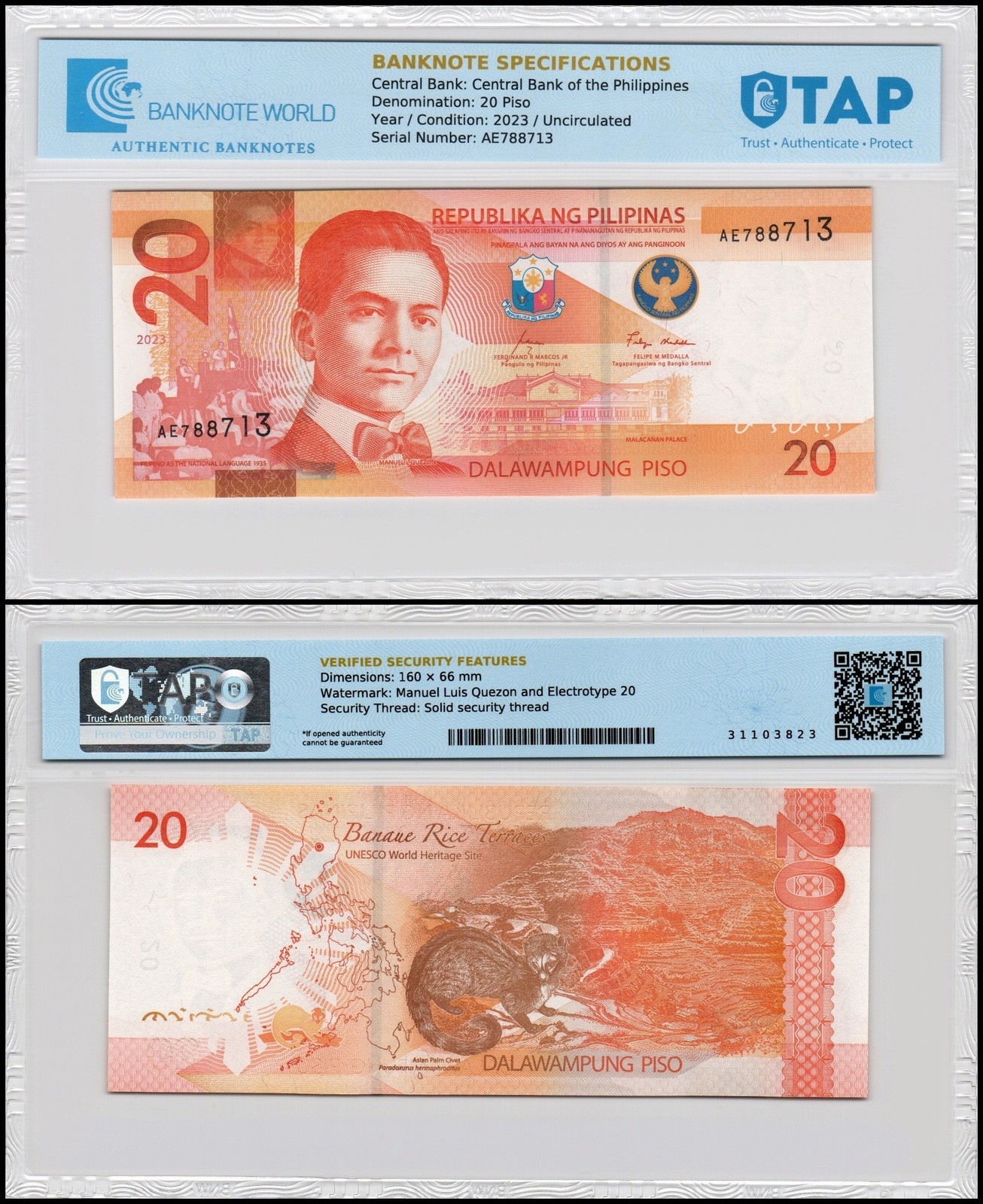 Philippines 20 Piso, 2023, P-230b, UNC, TAP Authenticated