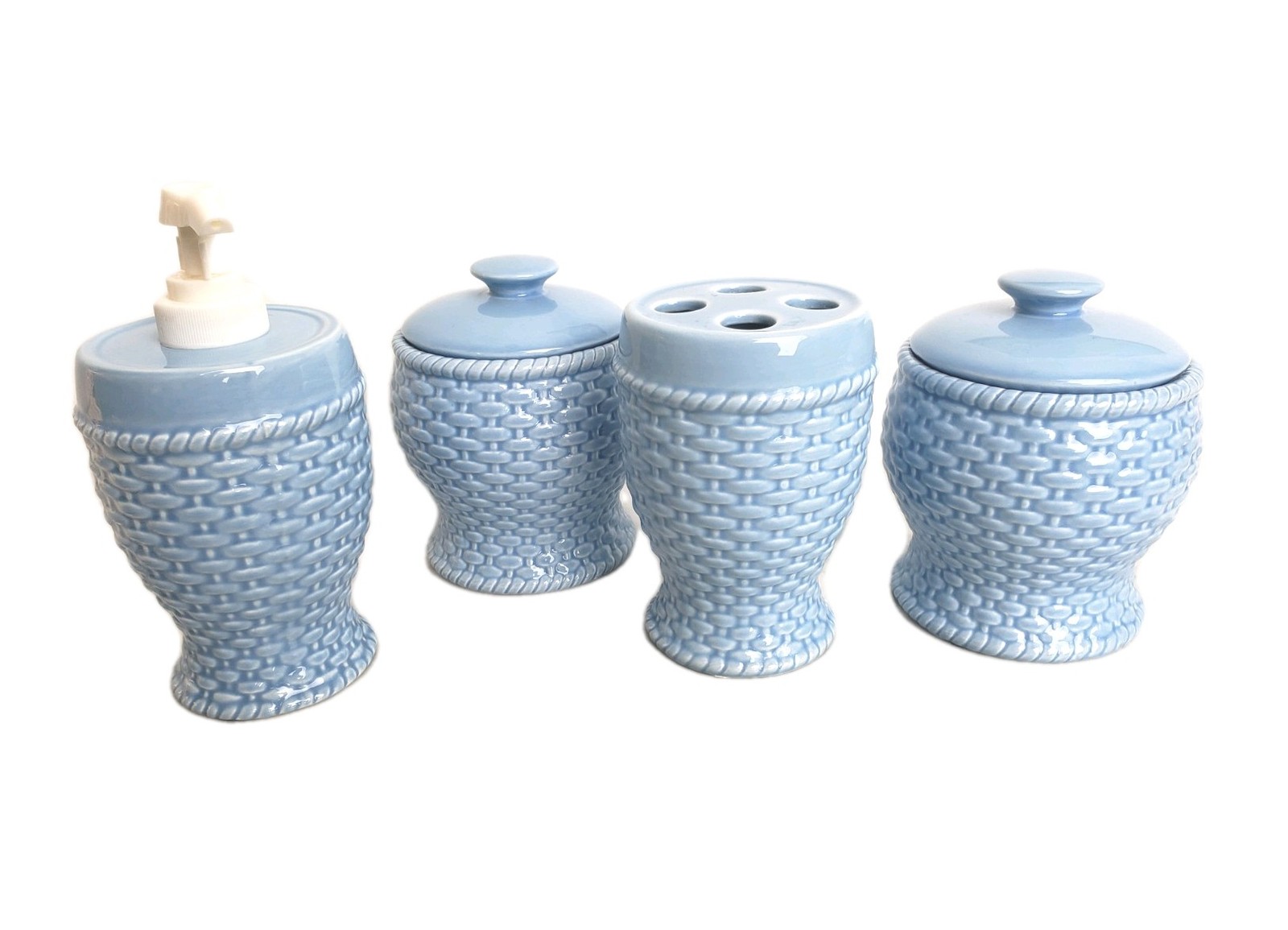 Vtg Liz Claiborne Tisket A Tasket  Sky Blue Bath Accessories Set Basketweave