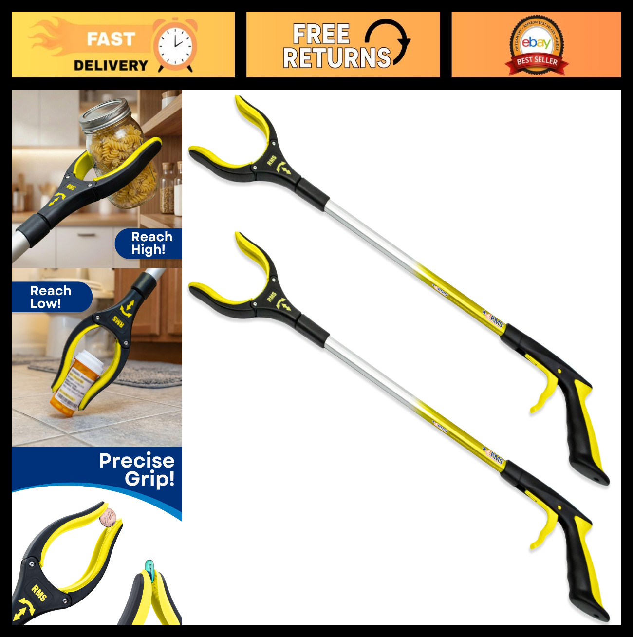 2-Pack 32" Extra Long Grabber Reacher Tool with Rotating Jaw | Mobility Aid for