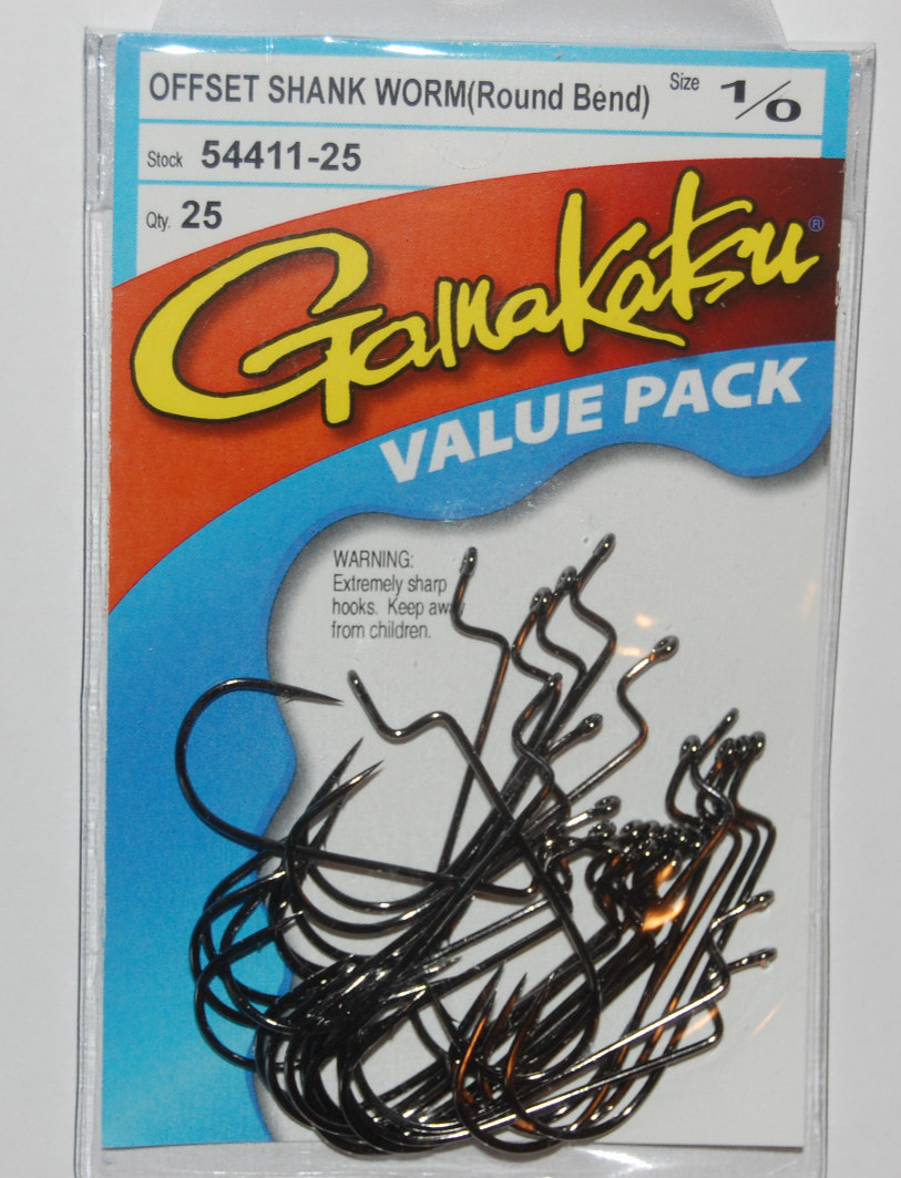 gamakatsu 1/0 offset shank worm round bend hook 54411-25 value pack