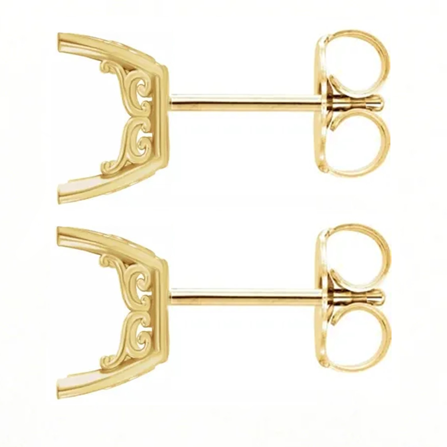 Emerald Cut Earring Mountings 14K Yellow Gold Vintage Scroll Friction Back -Pair