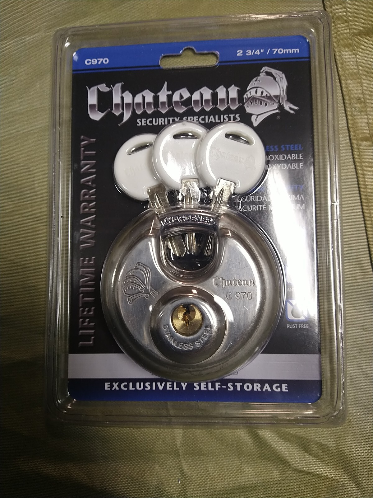 Chateau Padlock Lock Stainless Steel Heavy Duty 3 Keys Round Disc. Storage Unit