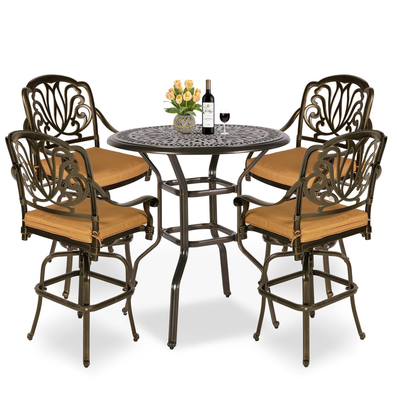 Patio Swivel Bar Stools Set, Cast Aluminum Outdoor High Bar Stool Bistro Set