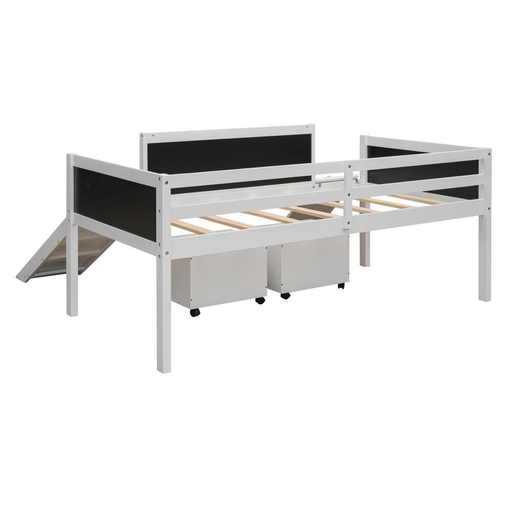New Practical Twin size Loft Bed Wood Bed w/ Two Storage Boxes - White