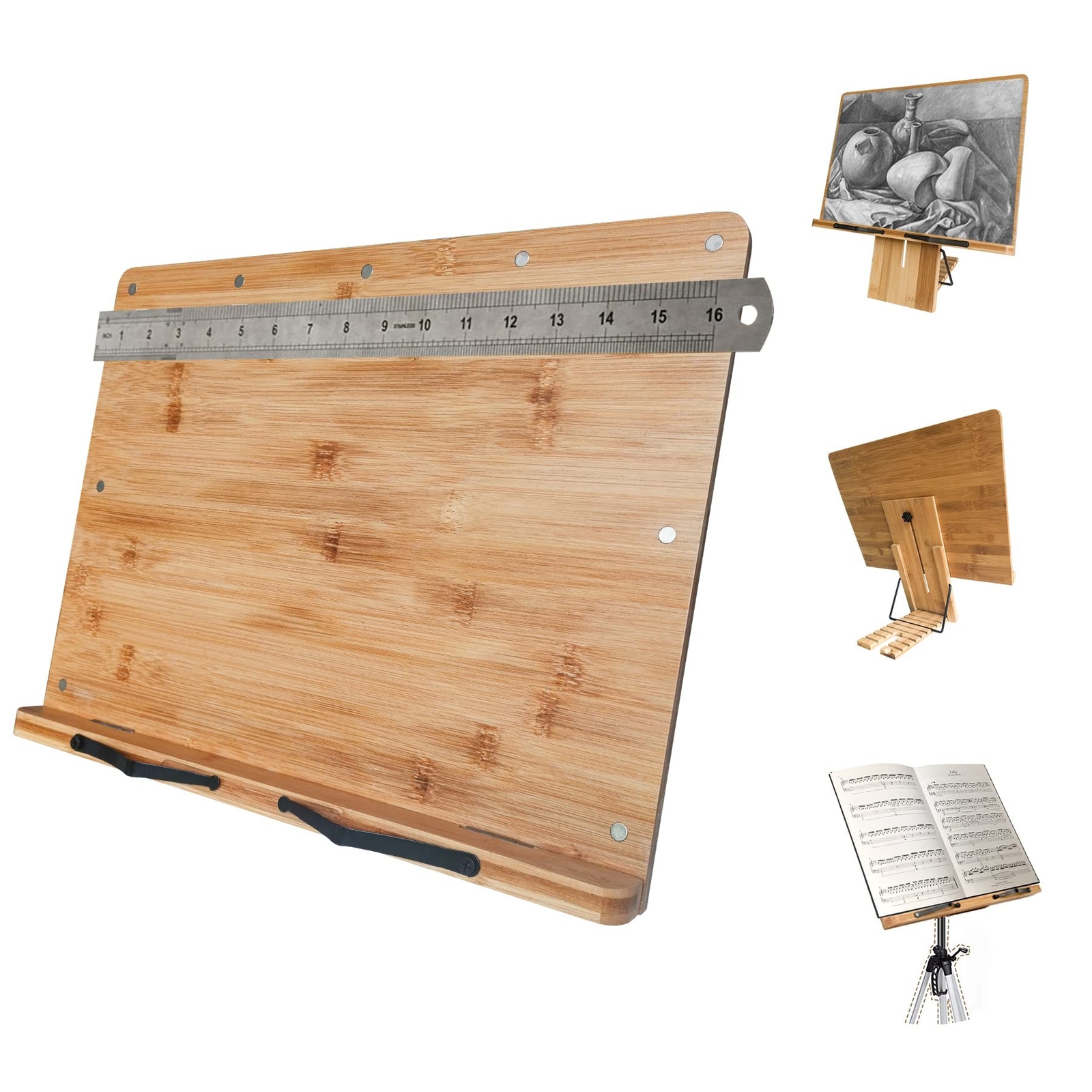 NUNET X-Large 16" x 12" Height Adjustable Bamboo Book Stand w. Magnets/Ruler ...