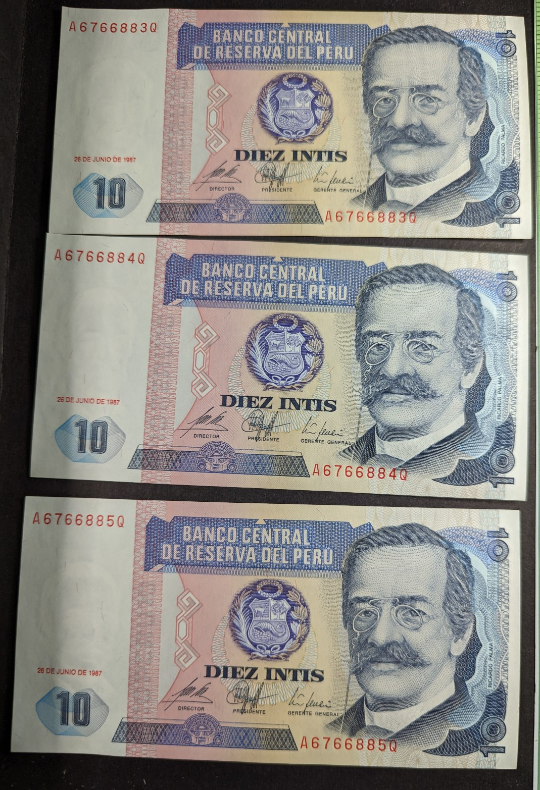 1987 Peru 10 Intis lot of 3 consecutive serial UNC