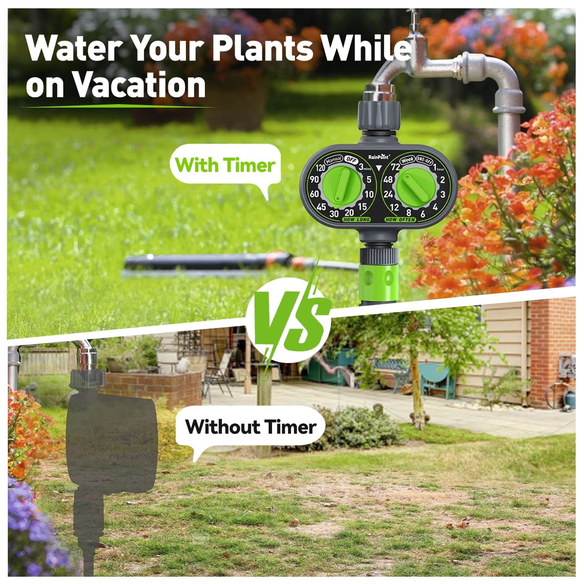 Automatic 2 Dial Programmable Hose Sprinkler Timer, Weatherproof Outdoor Water