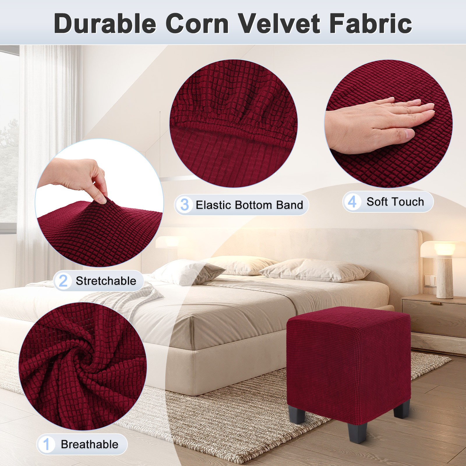 1-Pack 13"x13"x15" Stretch Square Ottoman Slipcovers Footstool Protector Wine