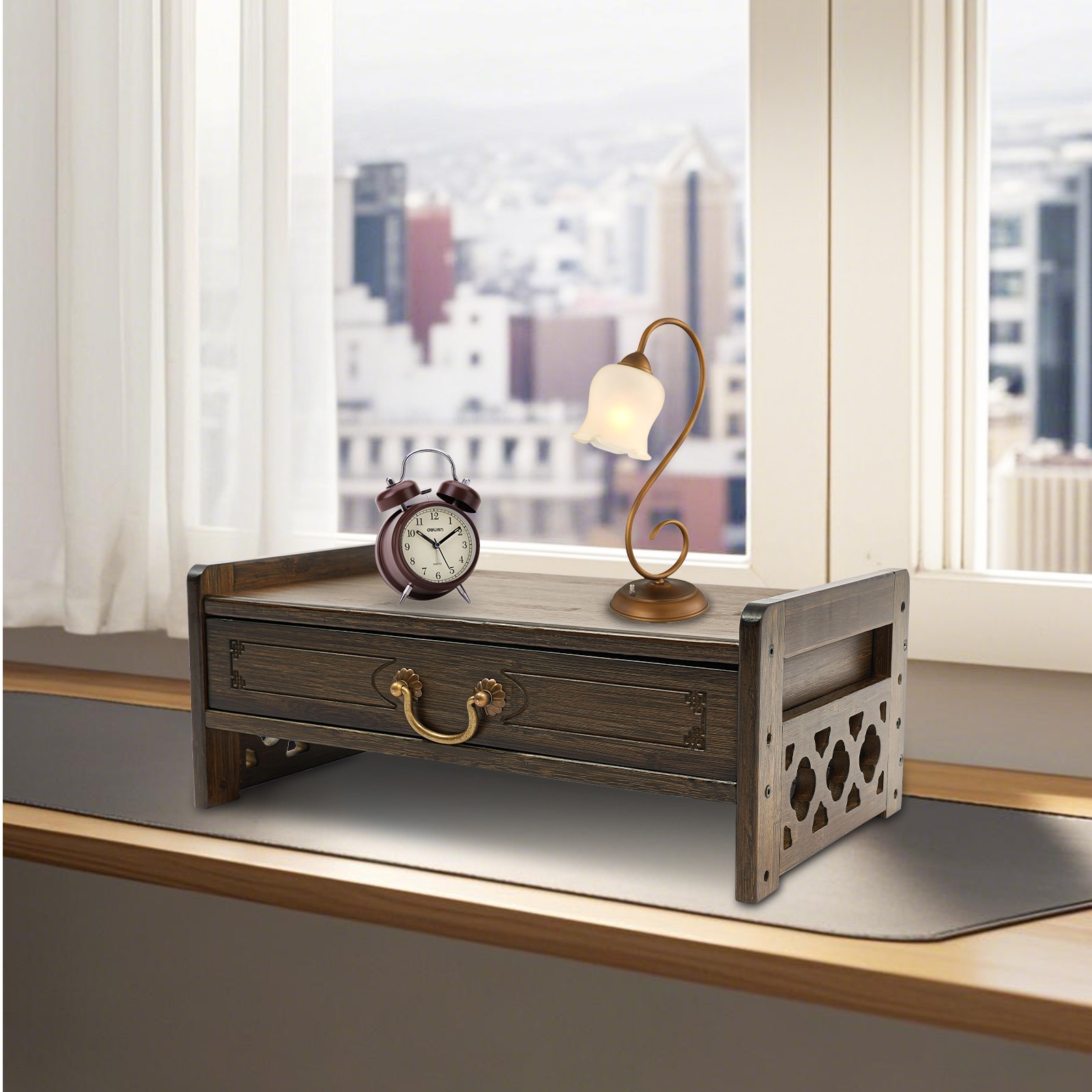 Desktop Bamboo Computer Stand WIth Storage Drawer Retro Walnut Booster Stand