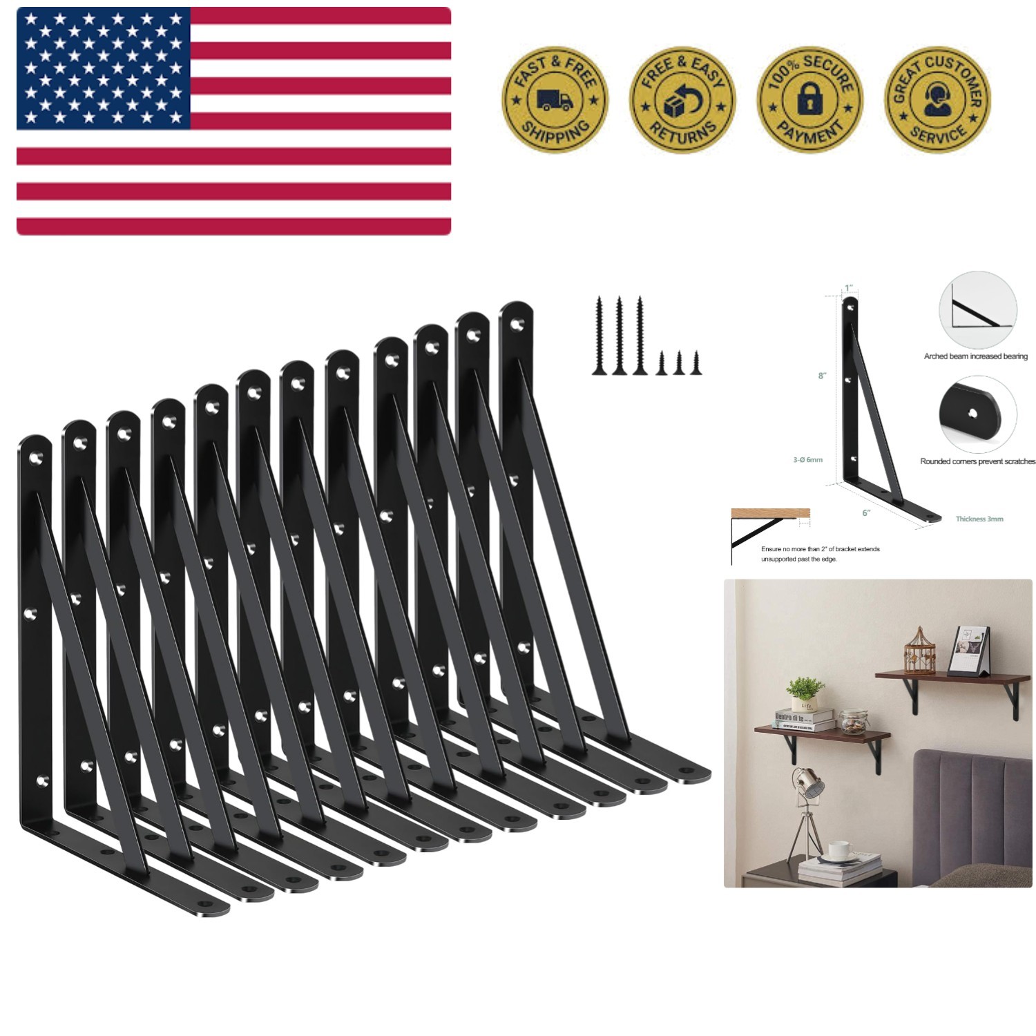 12 Pack L8 x H 6" Black Heavy Duty Shelf Brackets with Screws Metal Shelf Bra...