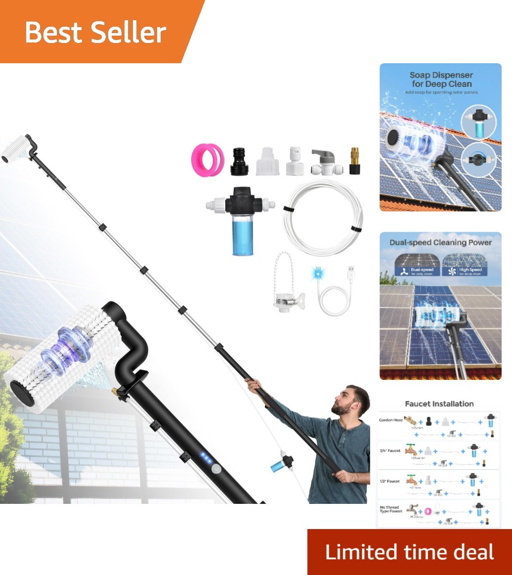 Electric Solar Panel Cleaning Brush and Pole Kit, 20Ft Extendable Washing Kit...