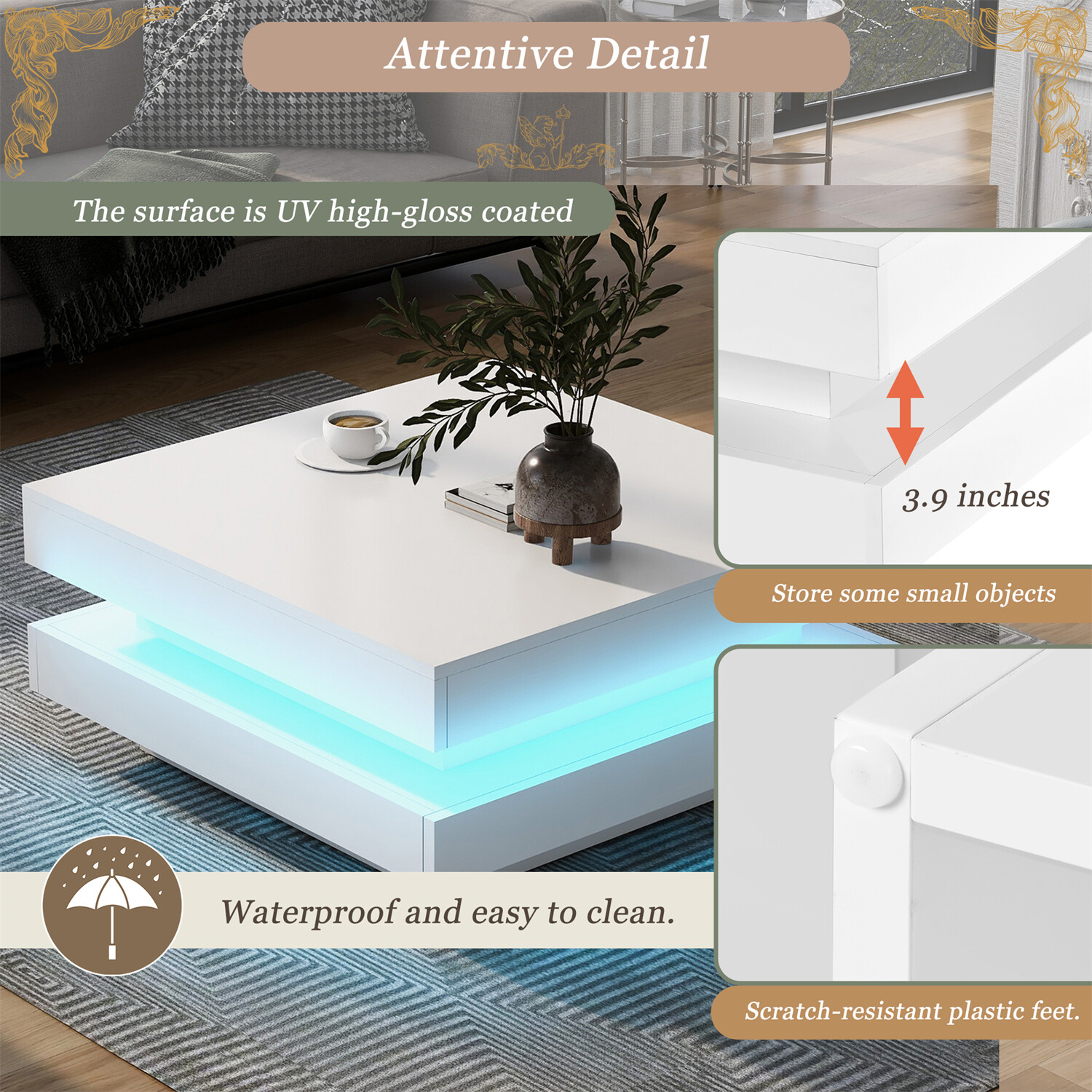 High Gloss Square LED Coffee Table Side End Table Center Tables w/ LED Light