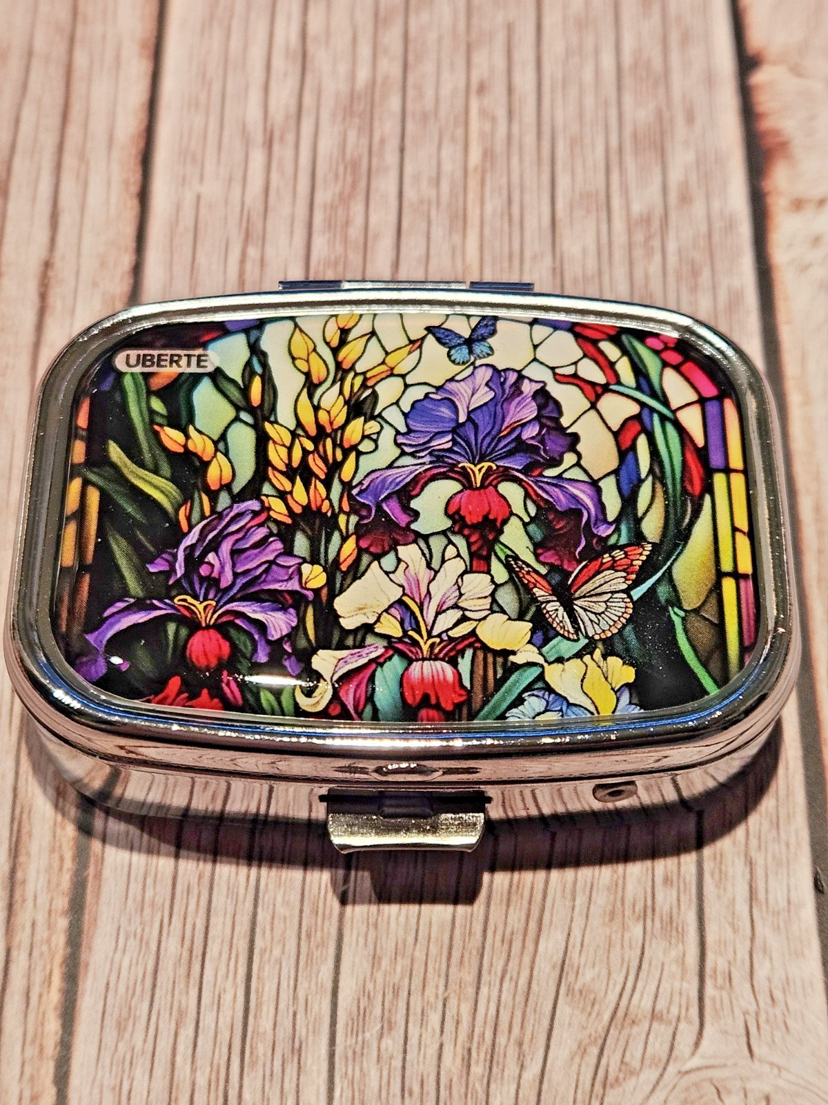 Iris Pill Box 2 Compartment Silver Tone Rectangular New Stained Gass Style