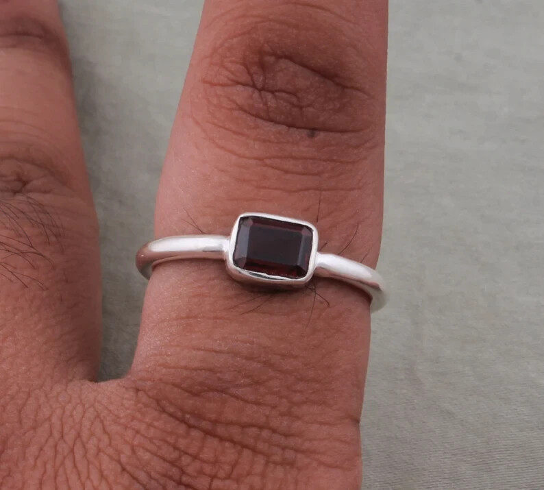 Natural Red Garnet Baguette Cut Stone Solid 925 Sterling Silver Ring , All Size