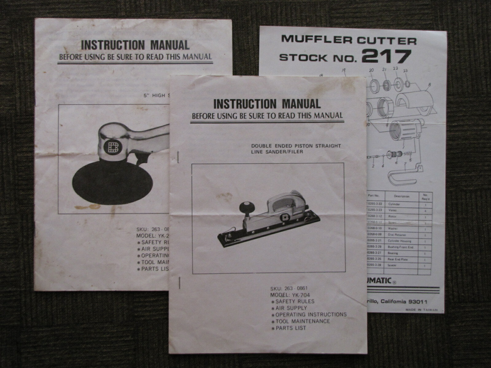INSTRUCTION MANUALS Lot of3 Muffler Cutter & Strait line Sander& 5" Speed Sander