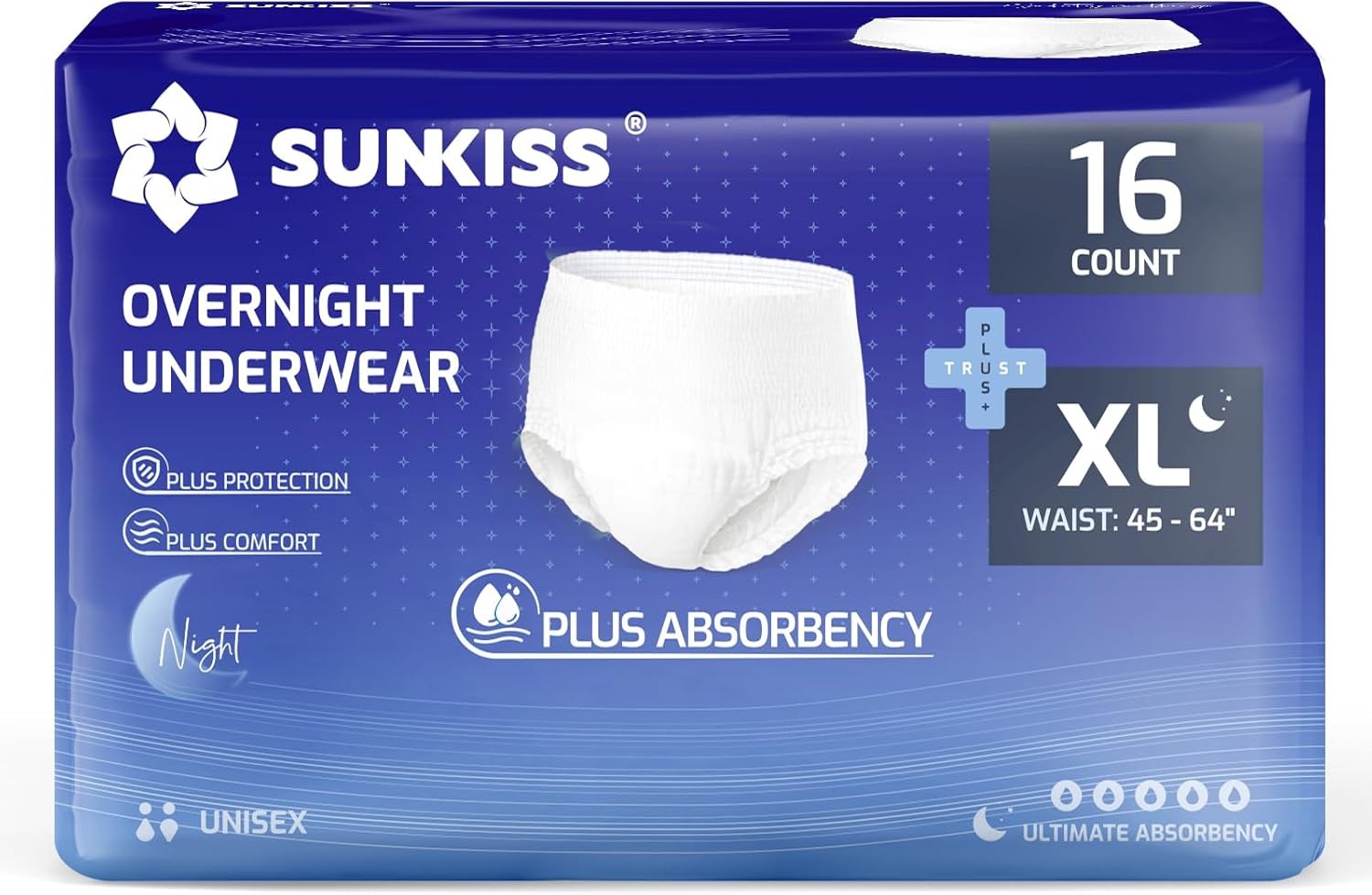 SUNKISS TrustPlus XLarge Overnight Incontinence Underwear, 16 Ct
