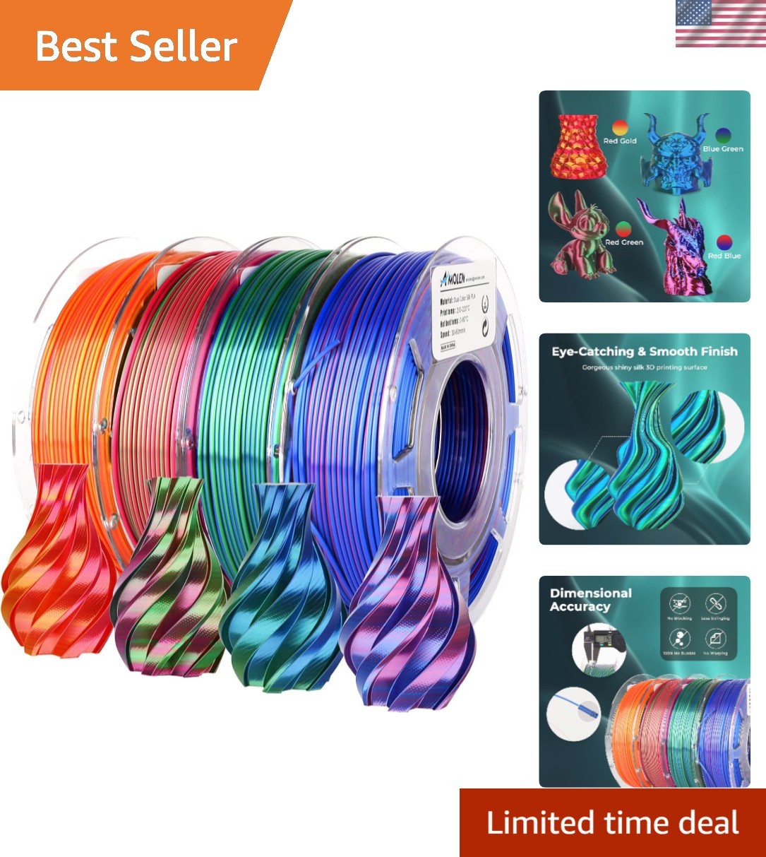Silk PLA 3D Printer Filament Bundle - 4 Spools of Dual Color 1.75mm Filament