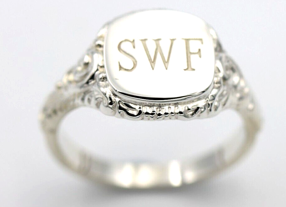 Size W Genuine Solid Sterling Silver Square Engraved Signet Ring + Engraving