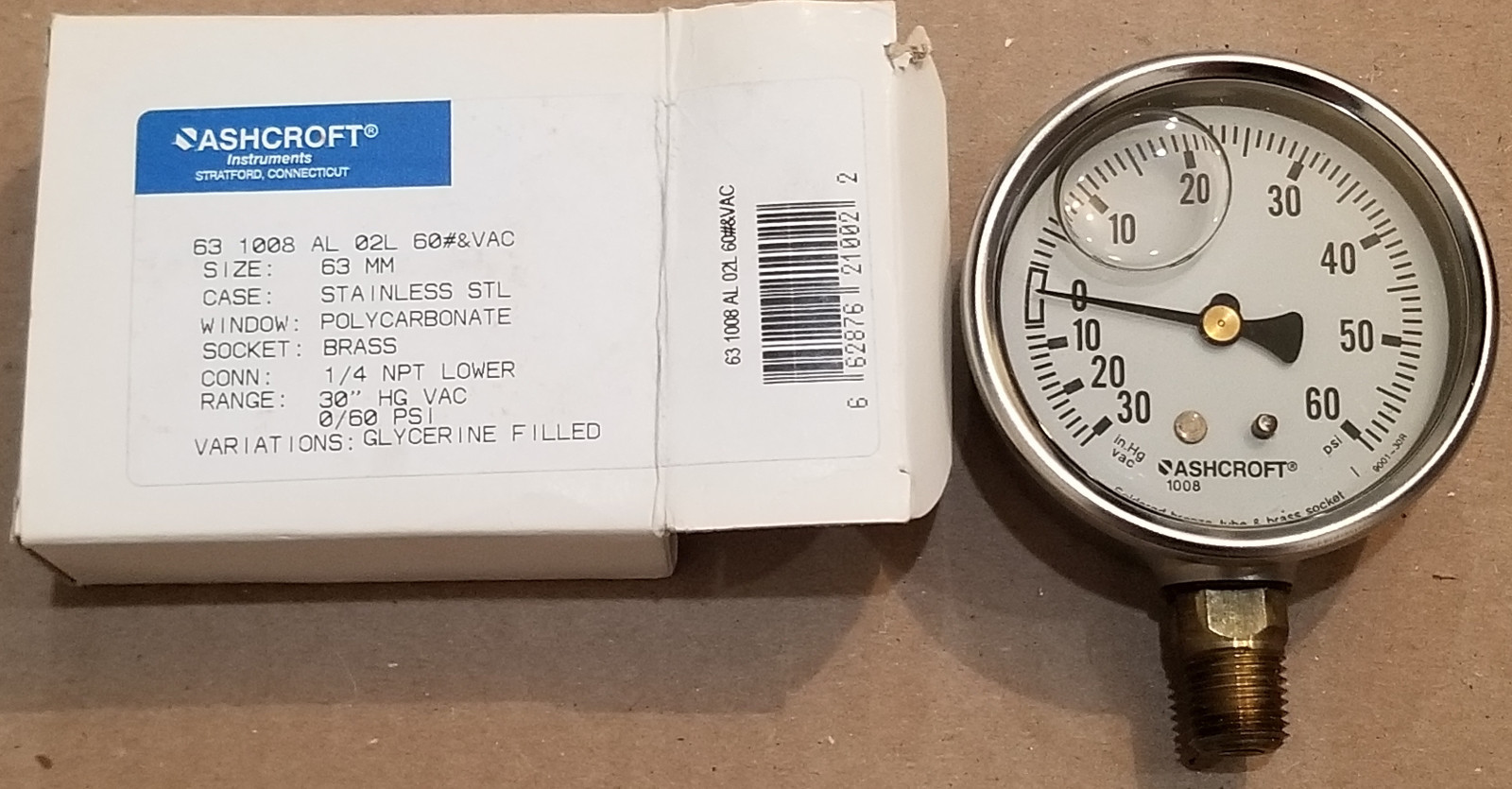 NEW ASHCROFT 631008AL02L60#&VA 06-60 PRESSURE GAUGE GLYCERINE FI STAINLESS STEEL