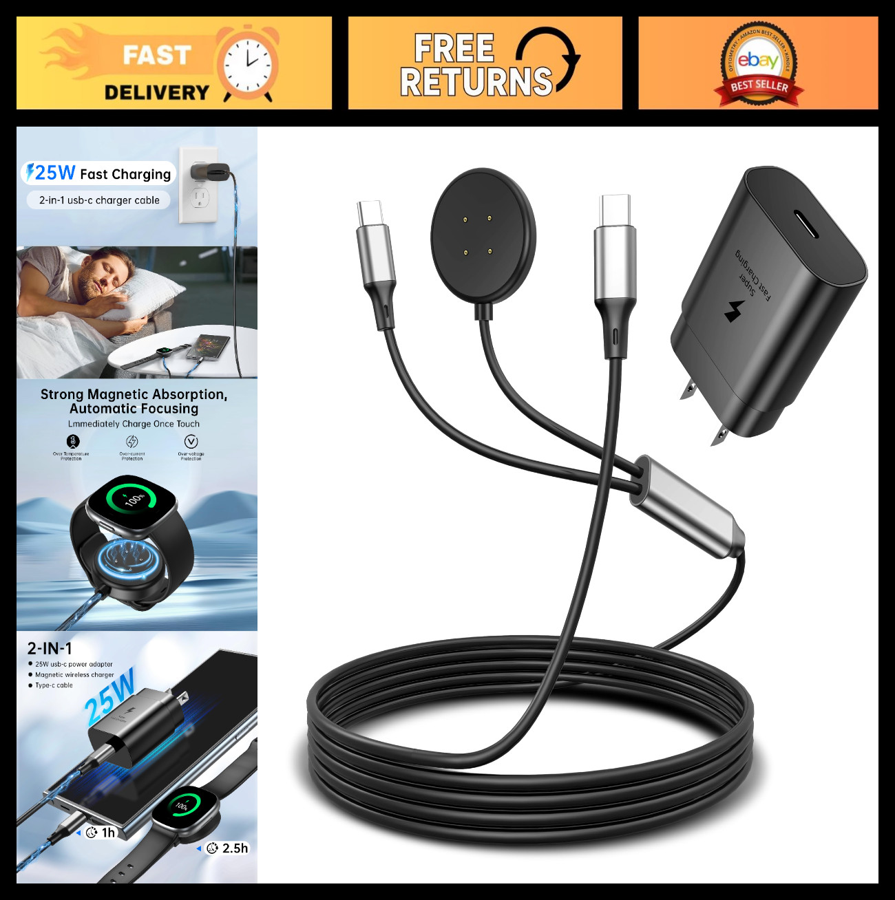 2-in-1 Fast Charger for Fitbit Sense/Sense 2/Versa 4/3/Ace LTE, USB-C PD25W, Tra