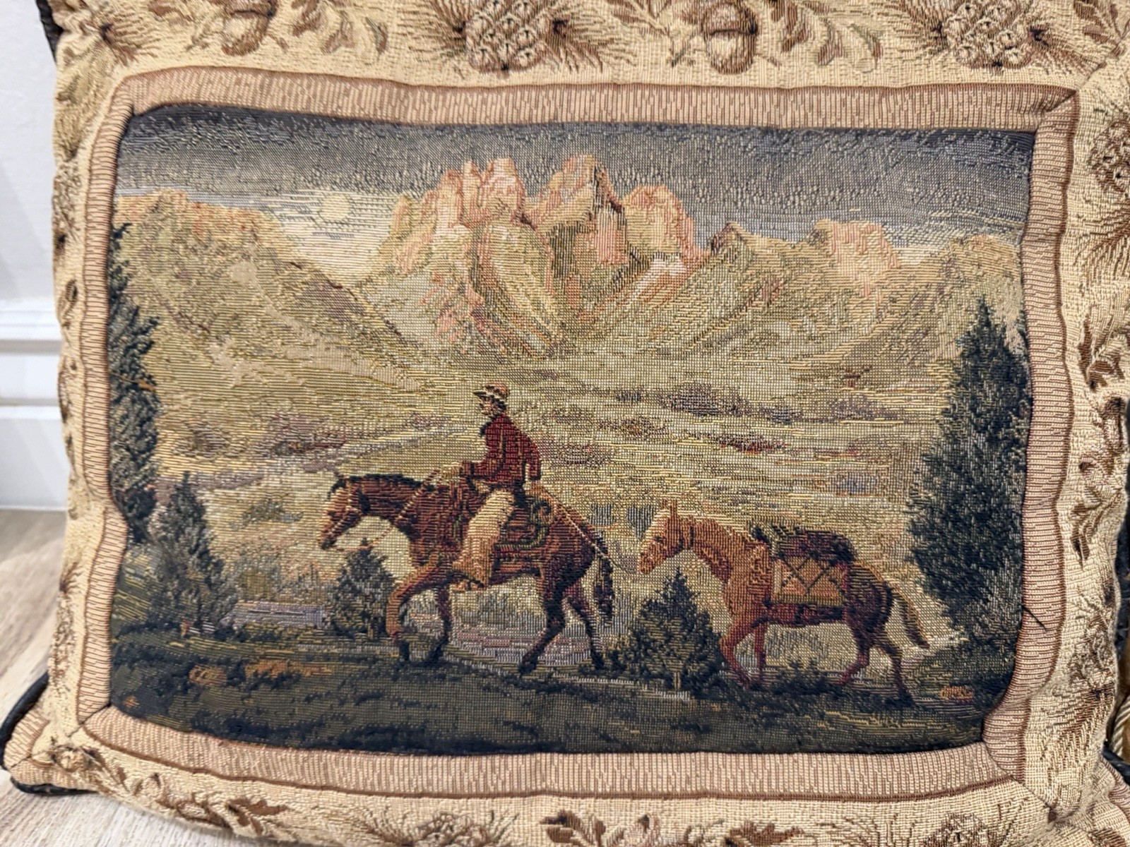 Vintage Western Tapestry Throw Pillow Set – Cowboy Horse Desert Scene (Set of 2)