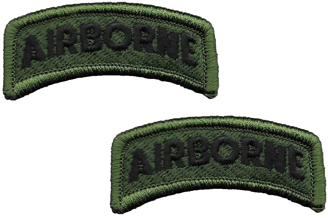 Pair 2.5" Airborne Tab Hook Back Patches OD Green Black Military Embroidered