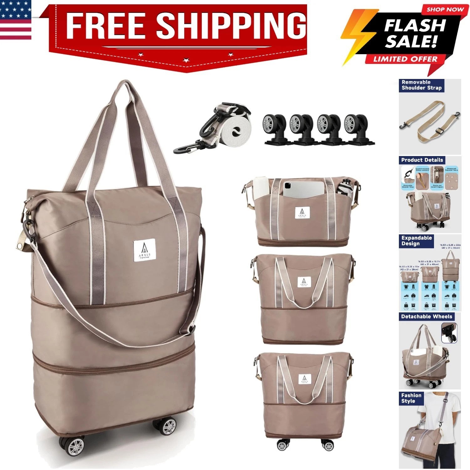 Rolling Duffle Bag with Detachable Wheels and Adjustable Shoulder Strap, Larg...