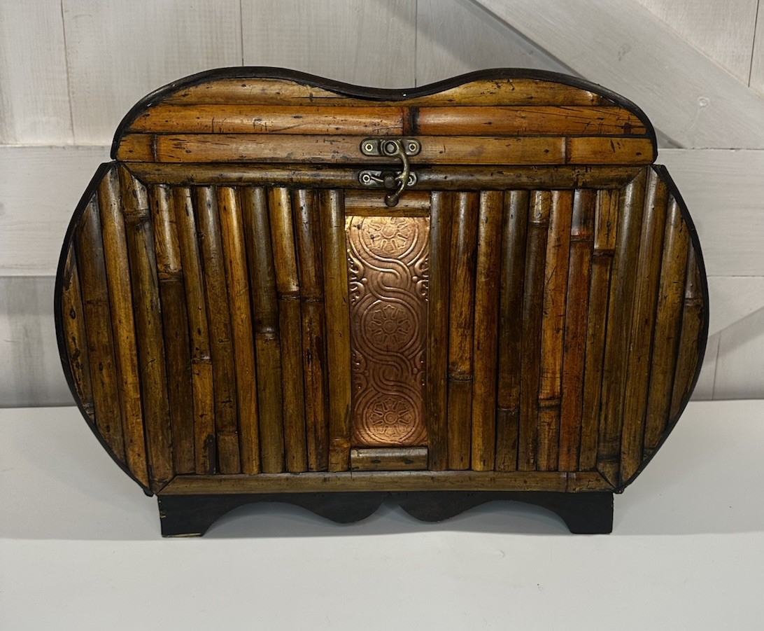 Vintage Split Wood Bamboo Hinged Chest Trunk Wooden Storage MCM Boho Coastal