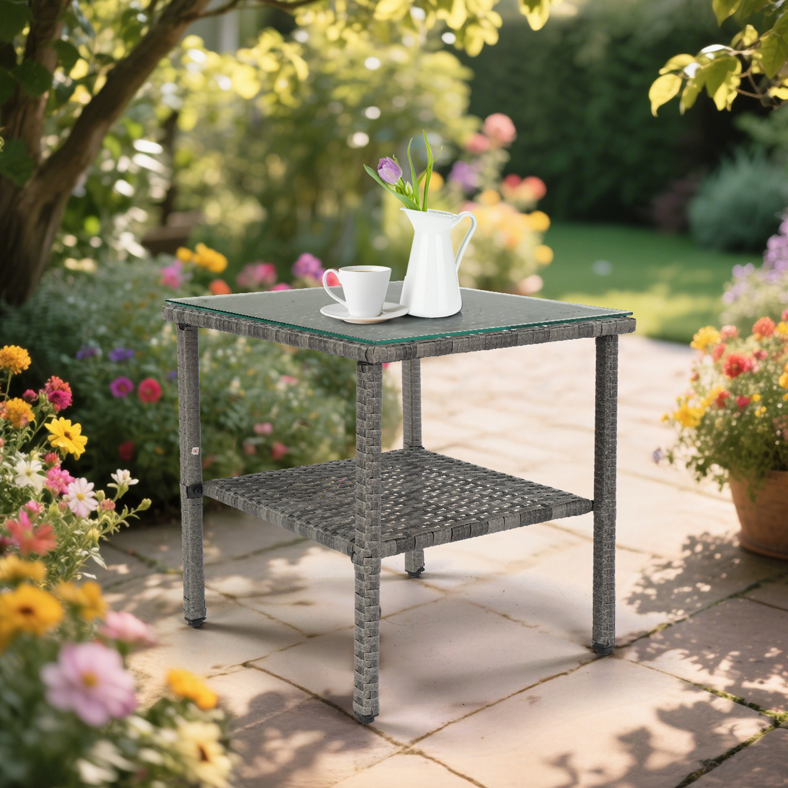 Square double layer glass tabletop gray gradient rattan