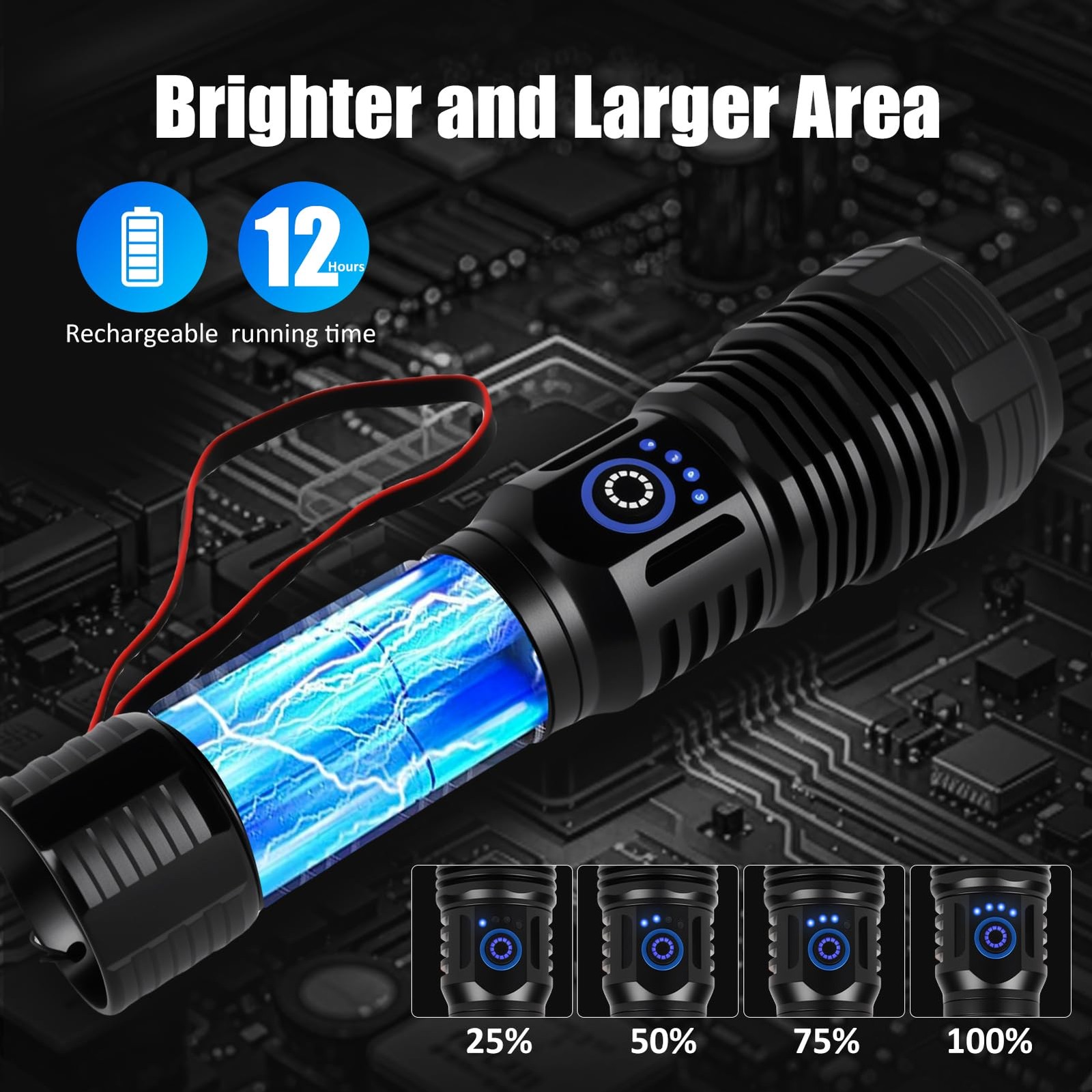 10000 Lumens Rechargeable Flashlight, IP67 Waterproof 12H Runtime
