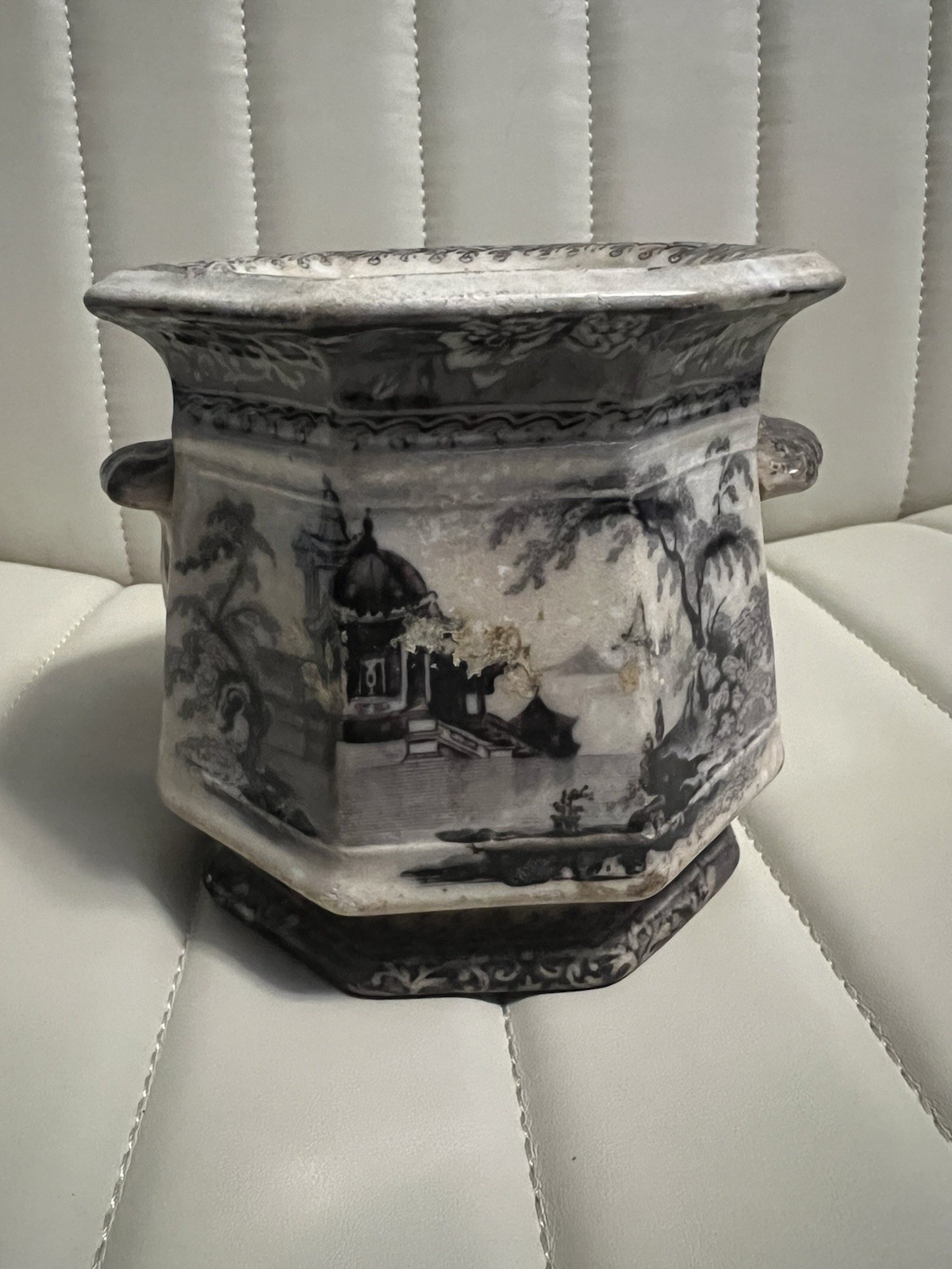 RARE Ironstone Antique Ceramic Hexagonal Planter Black & White Architectural