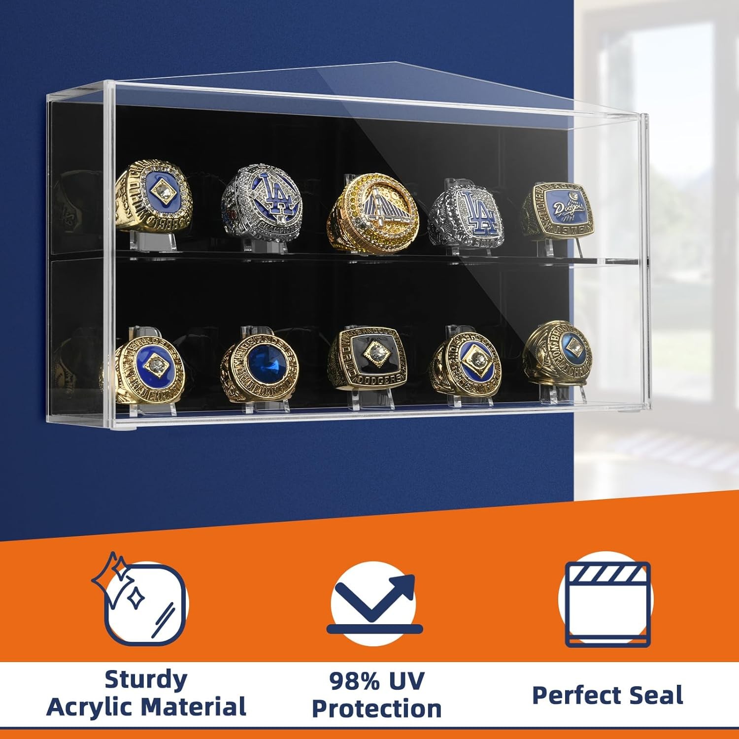 Championship Ring Display Case, 10 Slots Baseball Transparent, Black