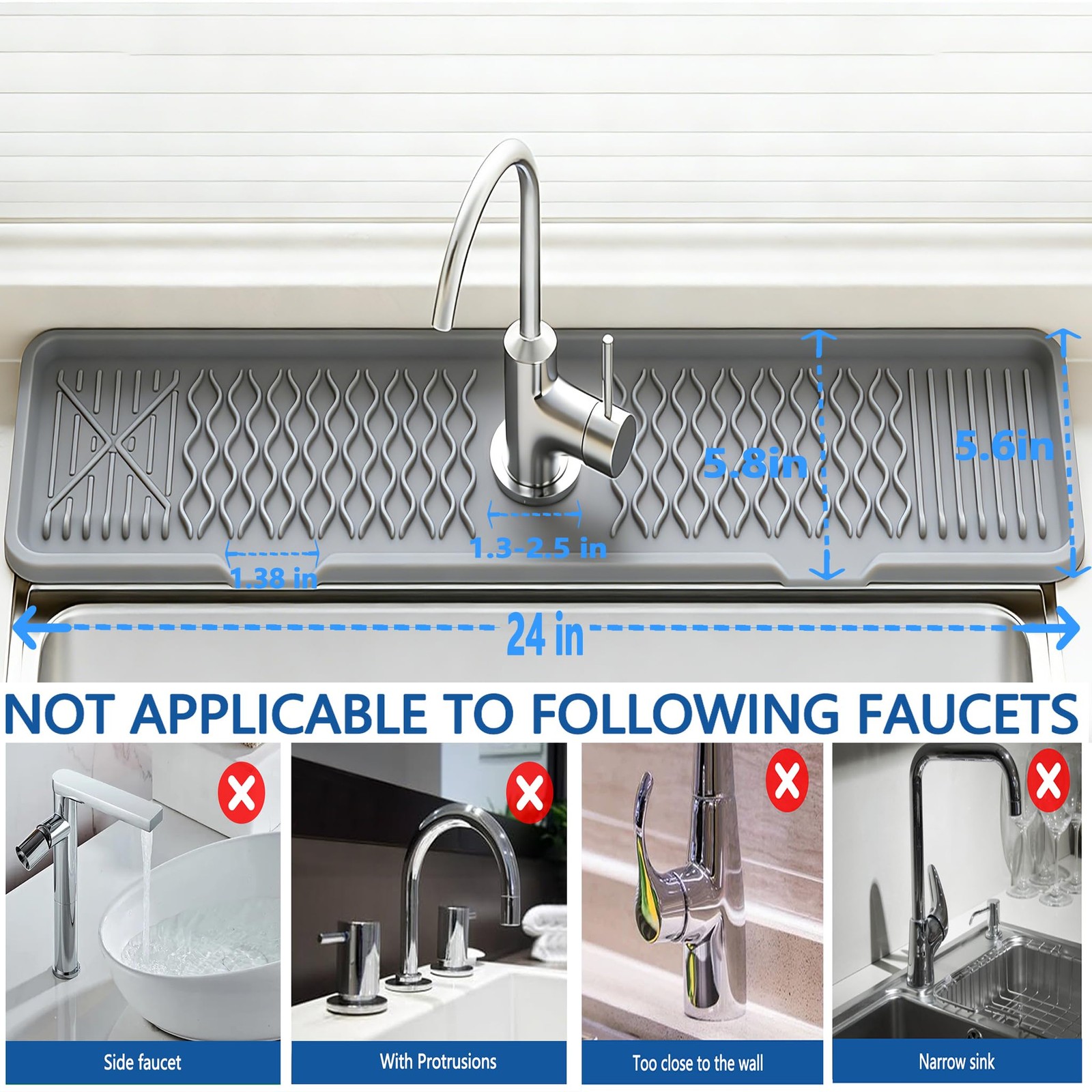 24 Inch Silicone Faucet Mat for Kitchen Sink, 7° Slope Fast Self-Draining Sin...