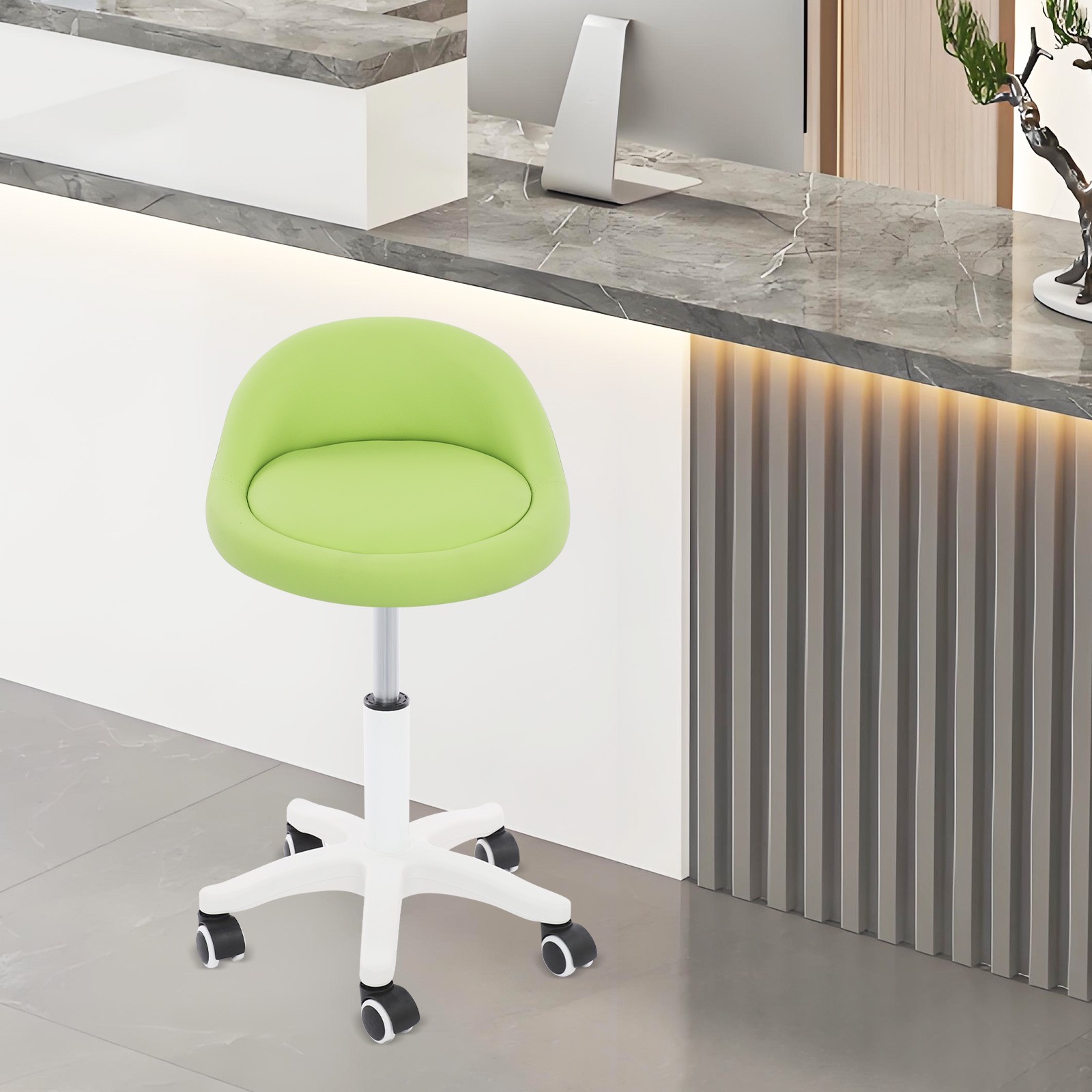 Adjustable Beauty Salon Chair Rolling Stool, Rolling Stool W/ Low Backrest Green