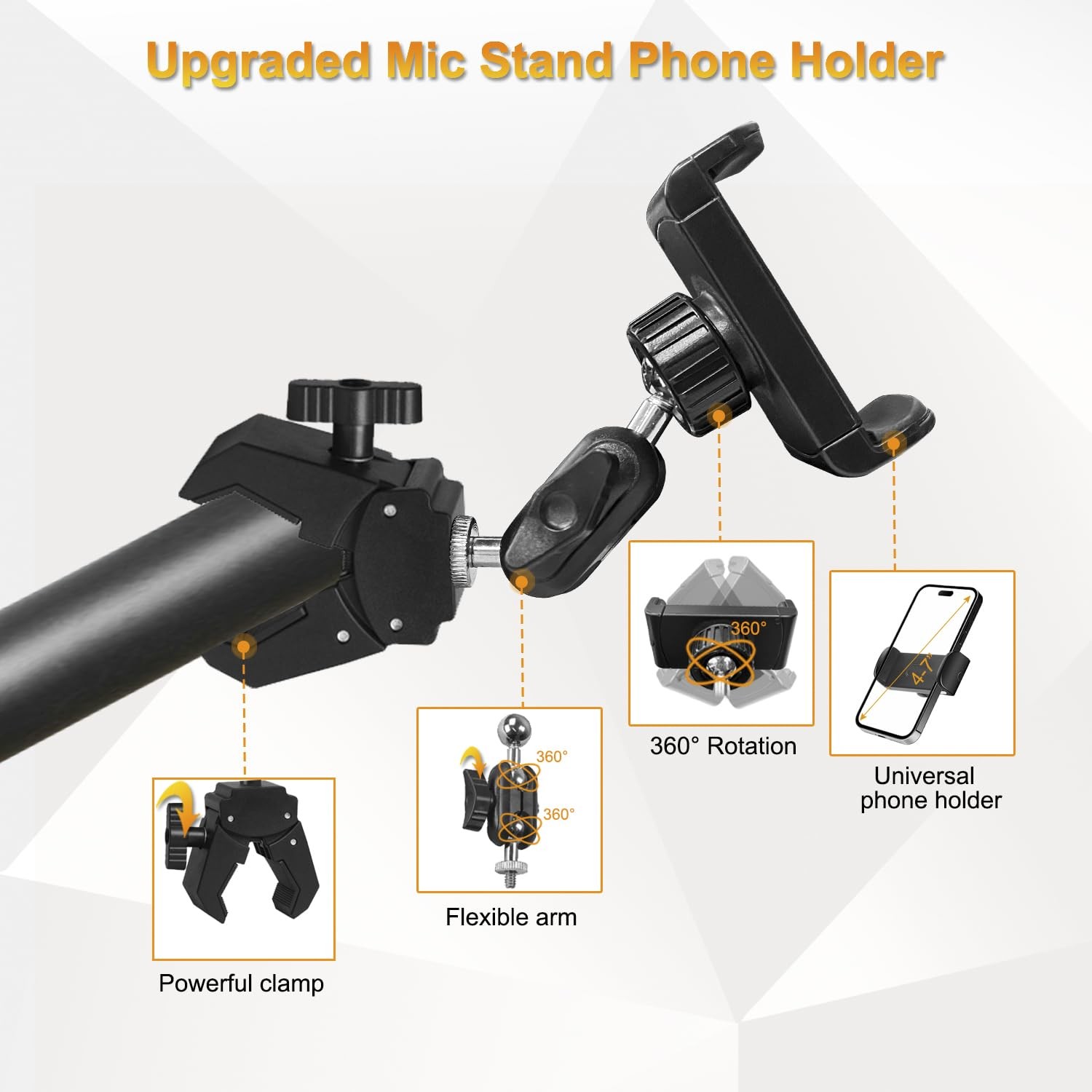 Phone Holder for Mic Stand, Treadmill, Spin Bike, Stroller, Adjustable black