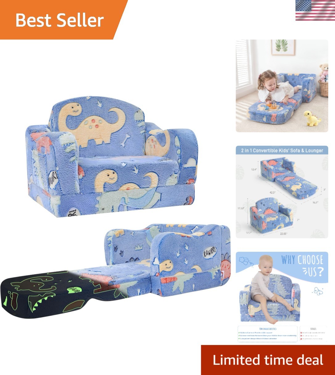 Convertible Plush Toddler Couch with Dinosaur Theme - Ideal for Relaxing & Play