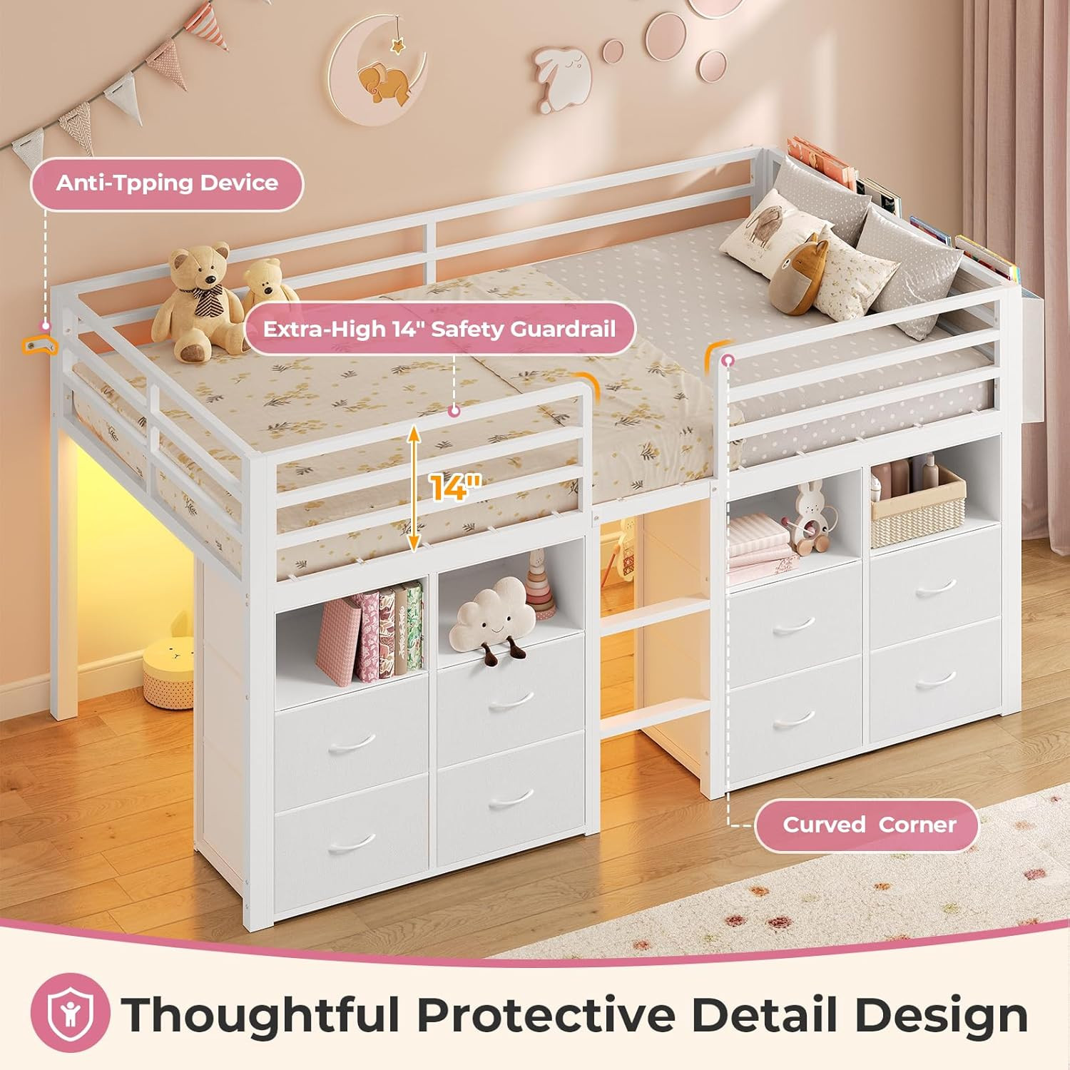 ADORNEVE Low Loft Bed Twin Size with 8 Storage Drawers, Twin Loft Bed with Bookc