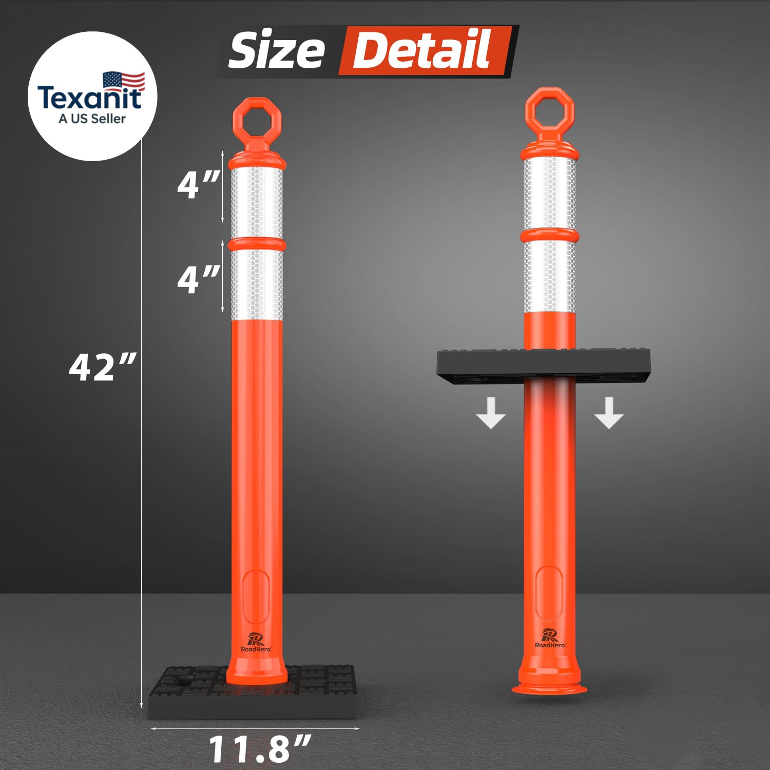 42 Inch Delineator Post with Base, Portable Orange Traffic Delineator Posts Cone