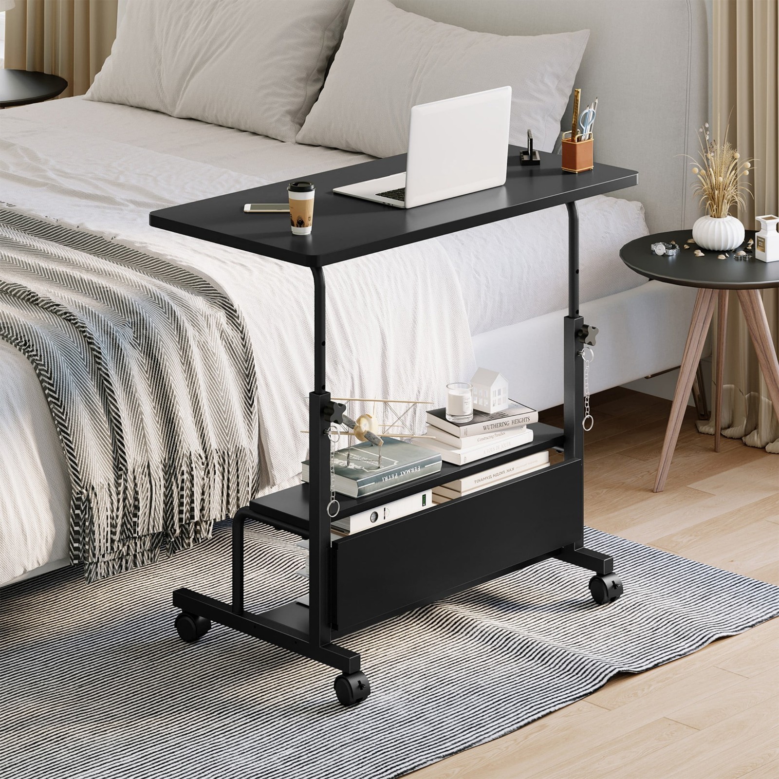 Height Adjustable Bedside Table Rolling Laptop Standing Desk w/2 Tier Storage
