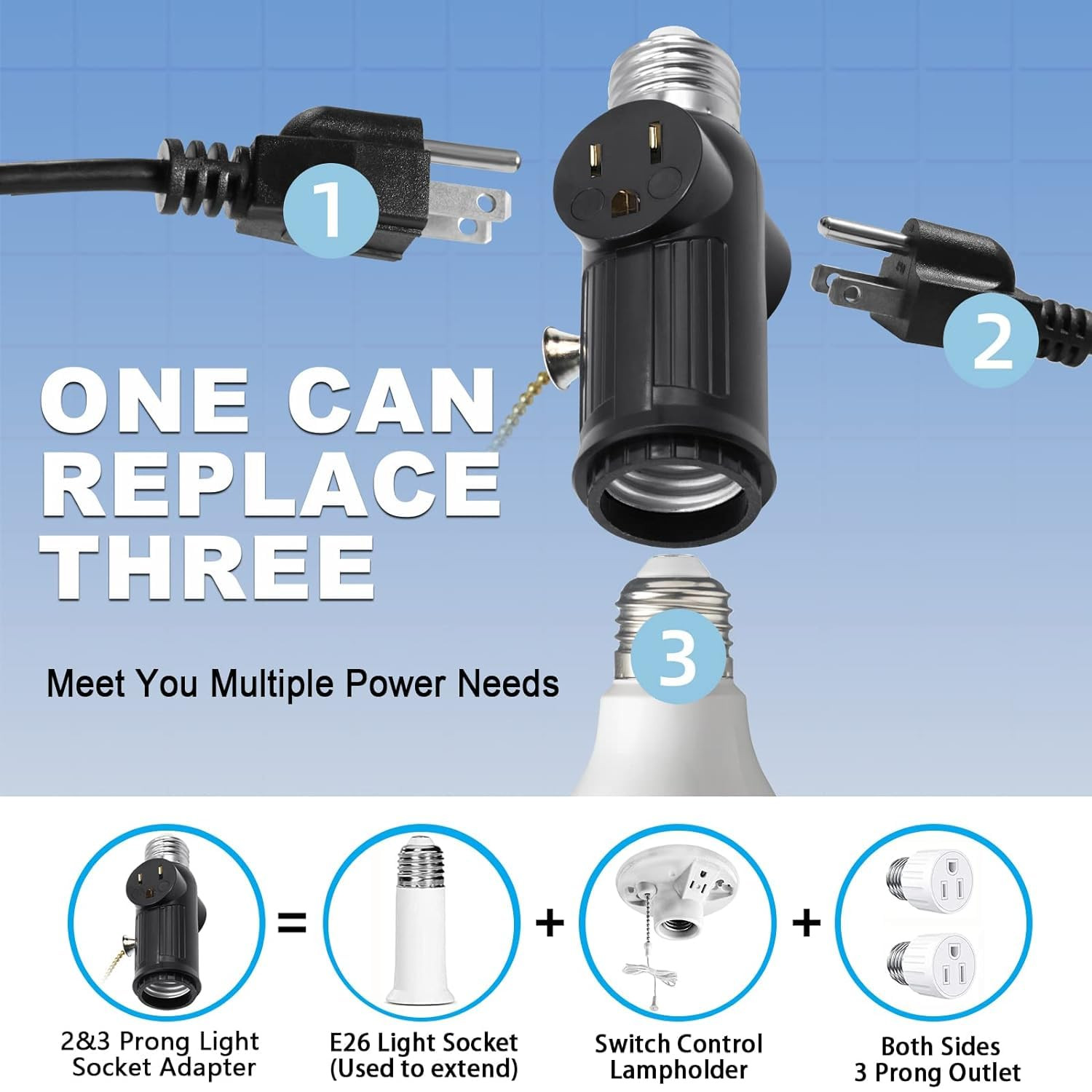 Light Socket to Plug Adapter, Both Sides Support 3 Prong Light Socket Adapter, P