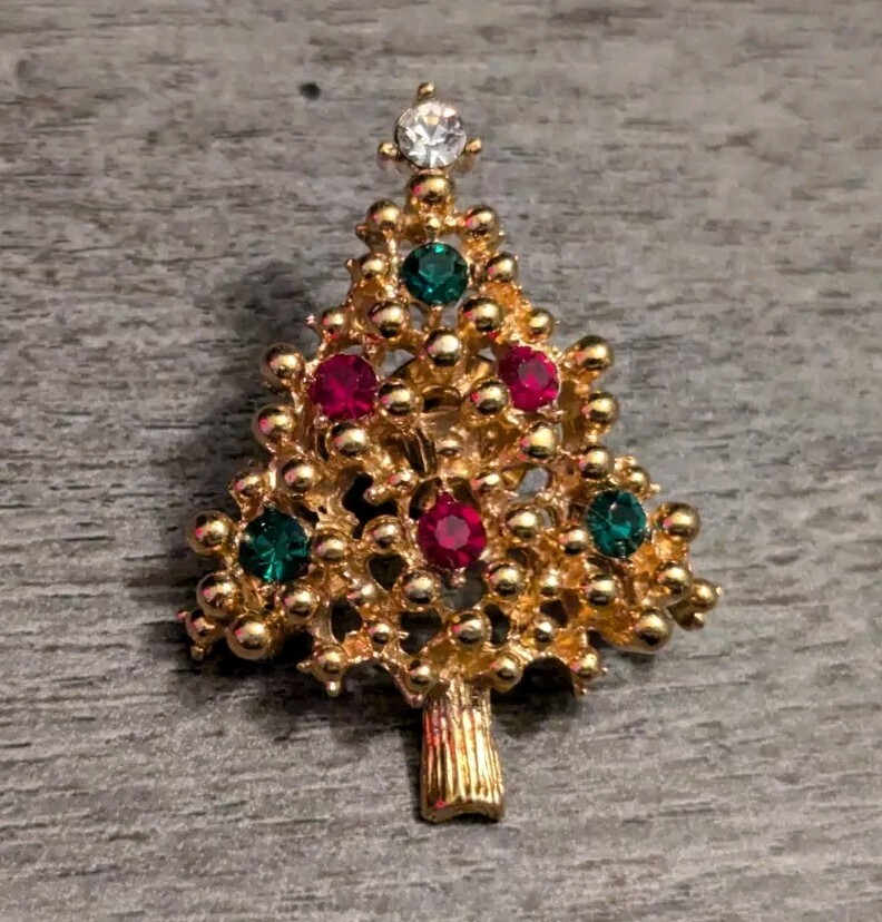 Decorative Gold-Tone Christmas Tree Pin Or Brooch With Rhinestone Accents