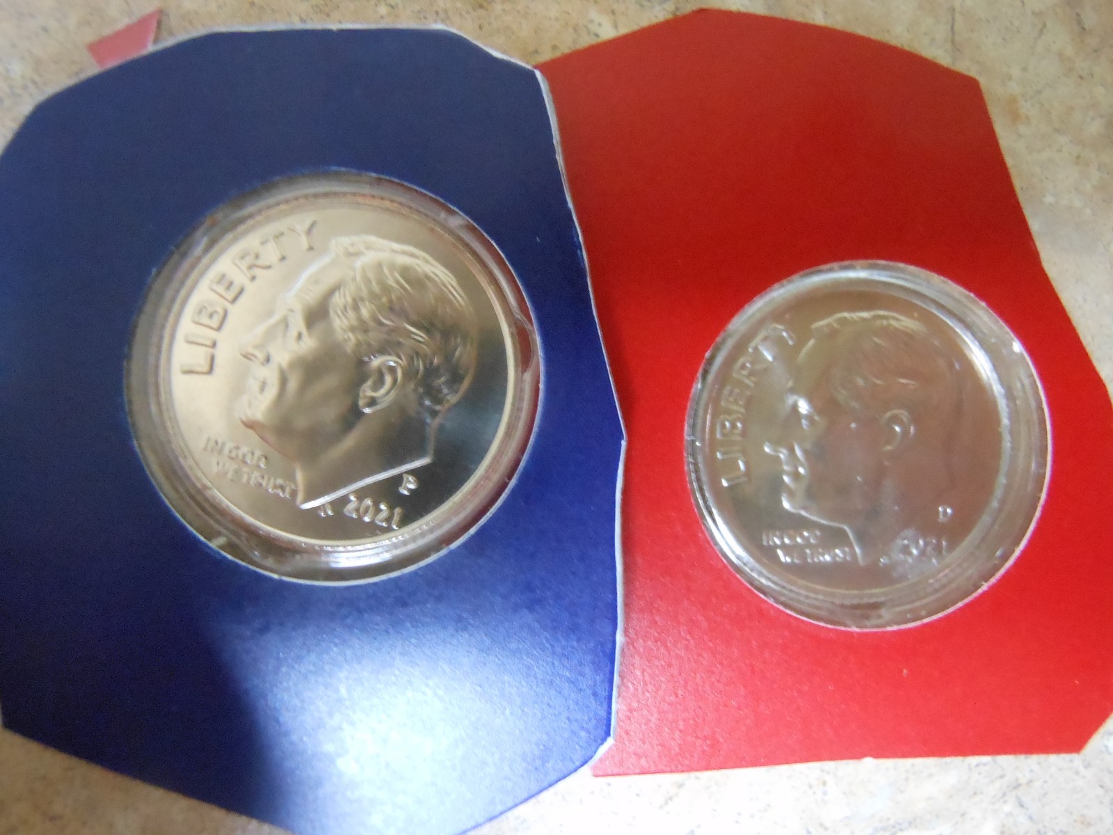 2021 P D - Roosevelt Dimes - 2 10cent coins - in mint cello - BU. UNC. b3