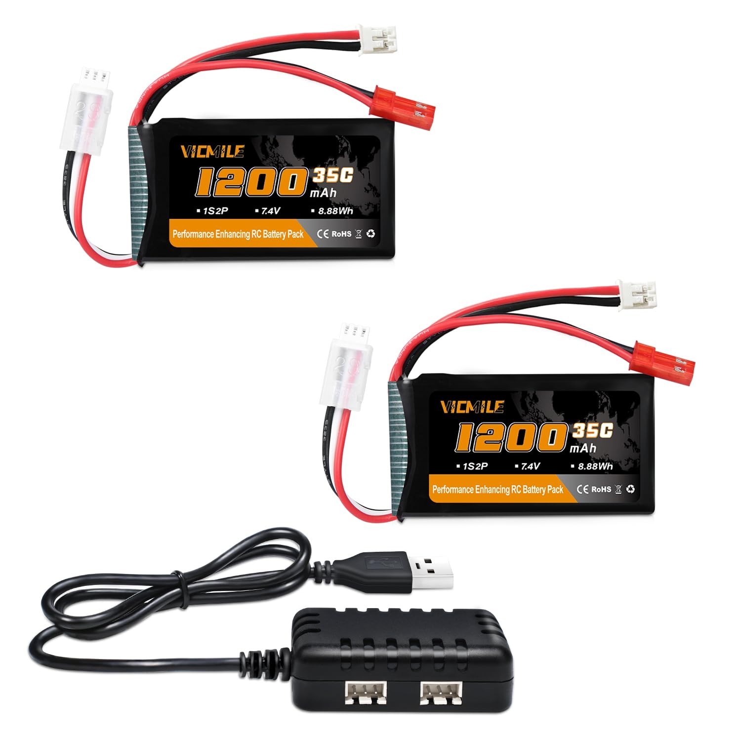SCX24 Battery 7.4V 1200mAh Lipo Battery 2S 35C(Burst 70C) with PH2.0 JST Plug...