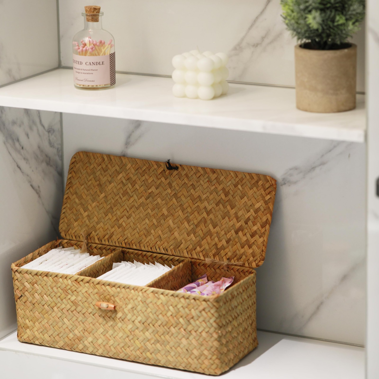 Seagrass Storage Basket with Lid Rectangular Small Woven Shelf Baskets with S...